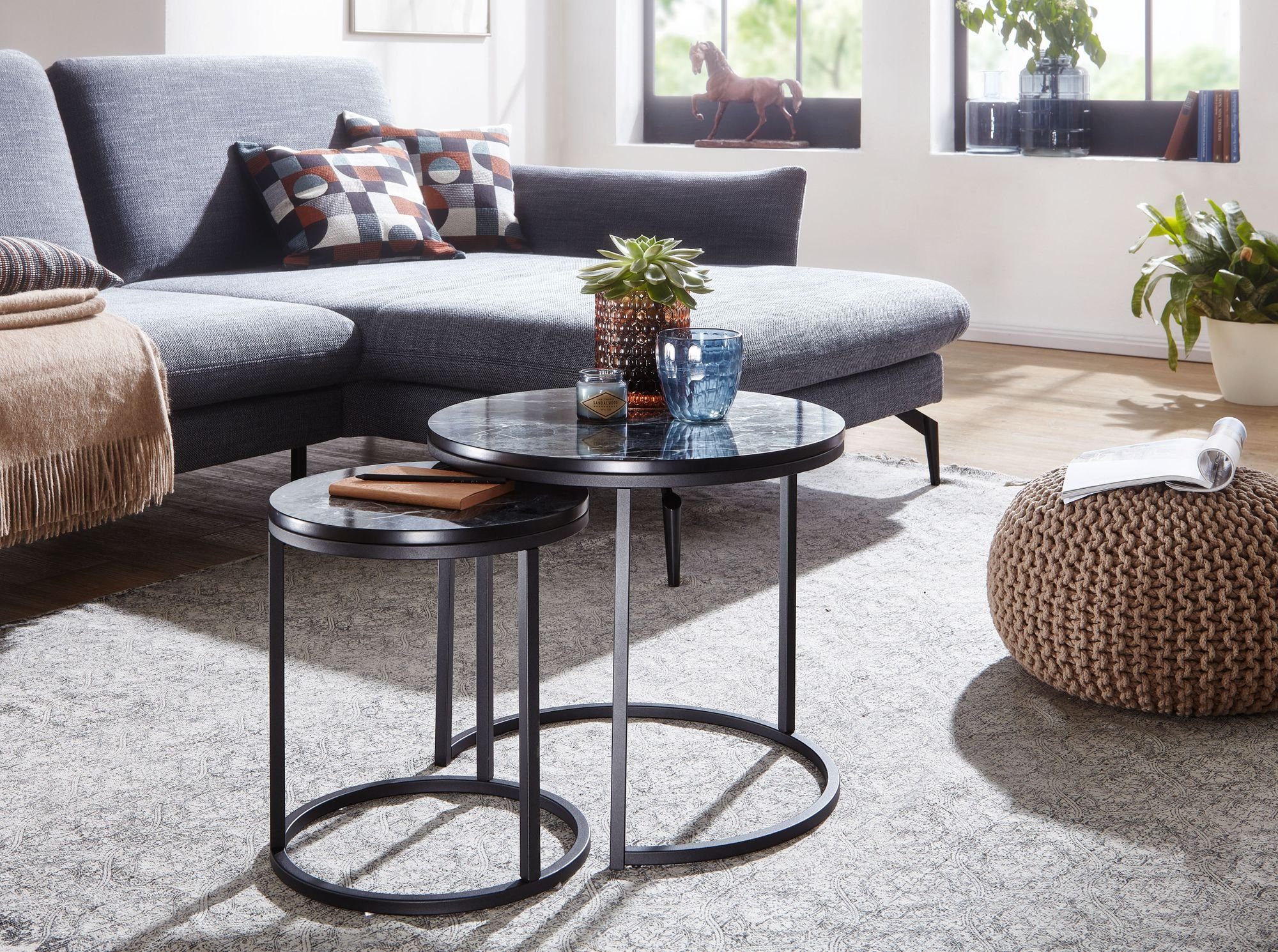 möbelando Satztisch Design Beistelltisch 2er Set Schwarz Marmor Optik Rund, Couchtisch (2er Set), cm