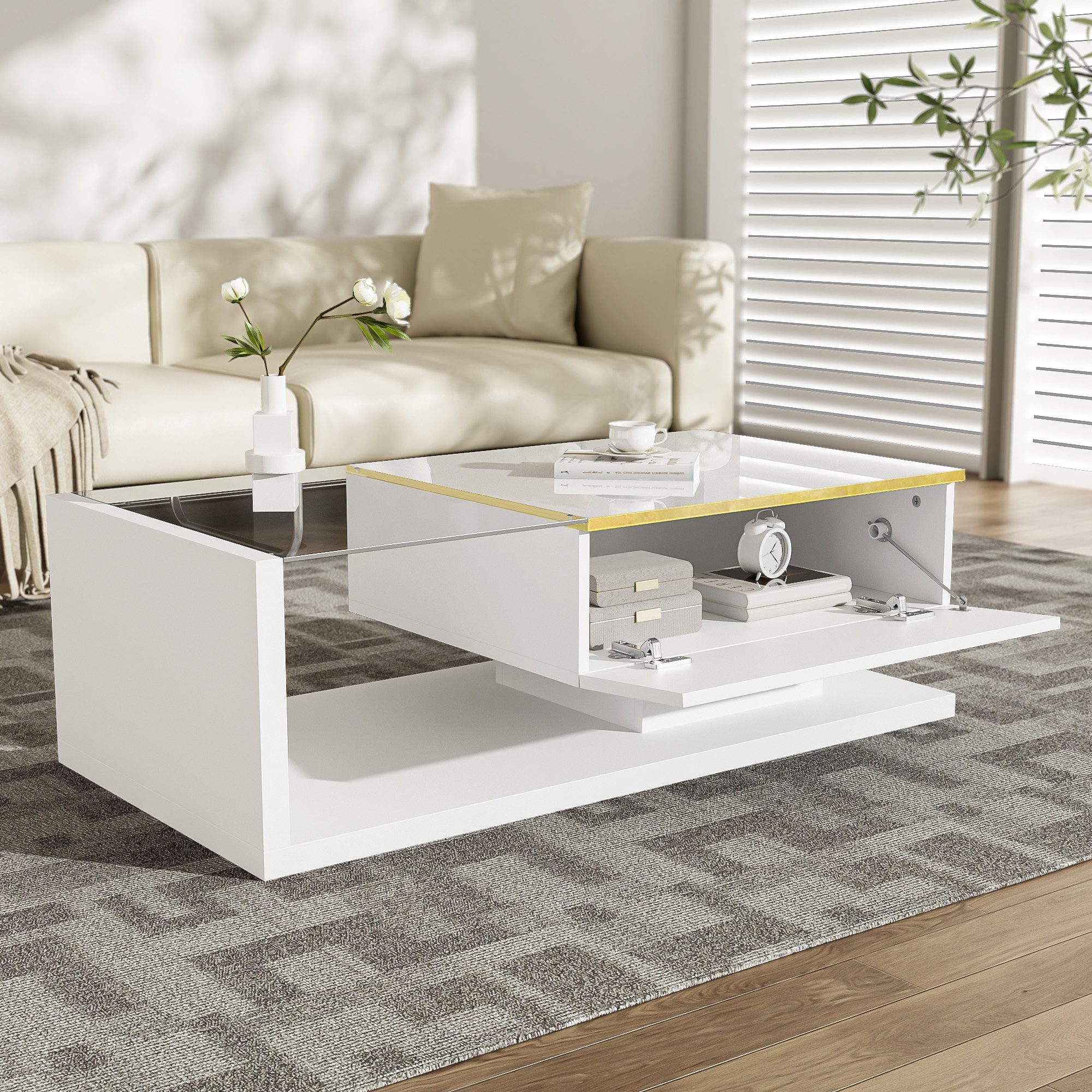 Merax Couchtisch hochglanz Beistelltisch mit Stauraum und Glastischplatte (100x50x32,5cm), Wohnzimmertisch mit Bluetooth, Sofatisch Kaffeetisch mit LED