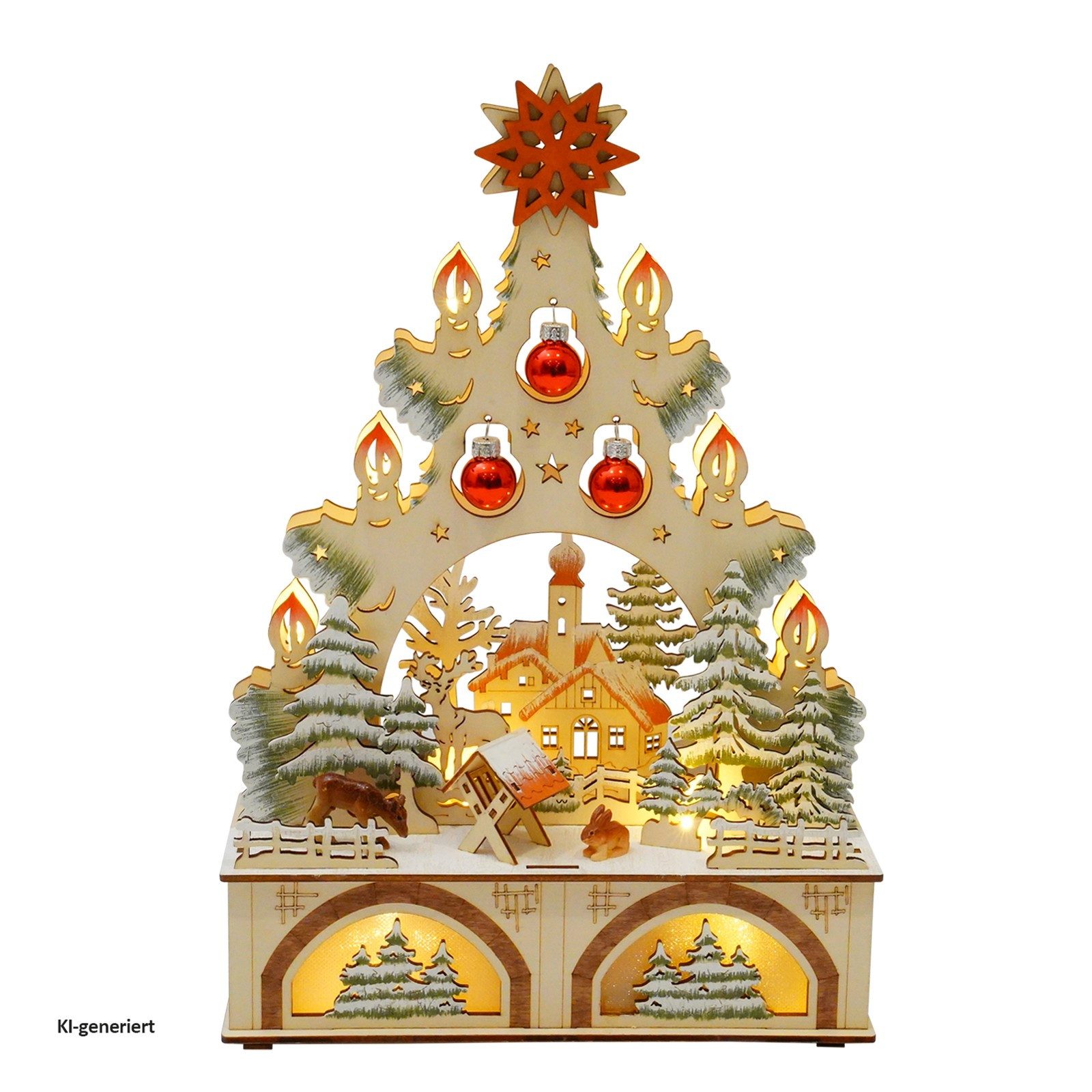 HTI-Living Schwibbogen LED Schwibbogen Weihnachtsbaum mit Kugeln und Kirche (1-tlg), Lichterspitze aus Holz, batteriebetrieben – Bild 2 von 3