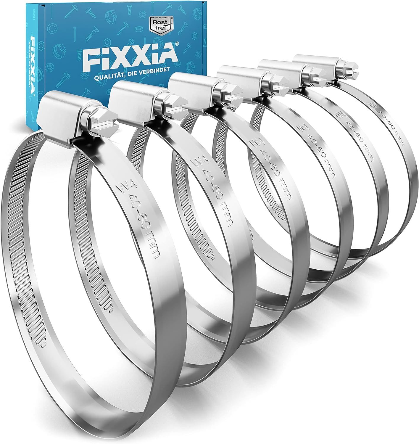 FIXXIA Schlauchschelle FIXXIA Schlauchklemme 40–60 mm Edelstahl rostfrei robust 6x, für Pool, Garten, KFZ & Waschmaschine