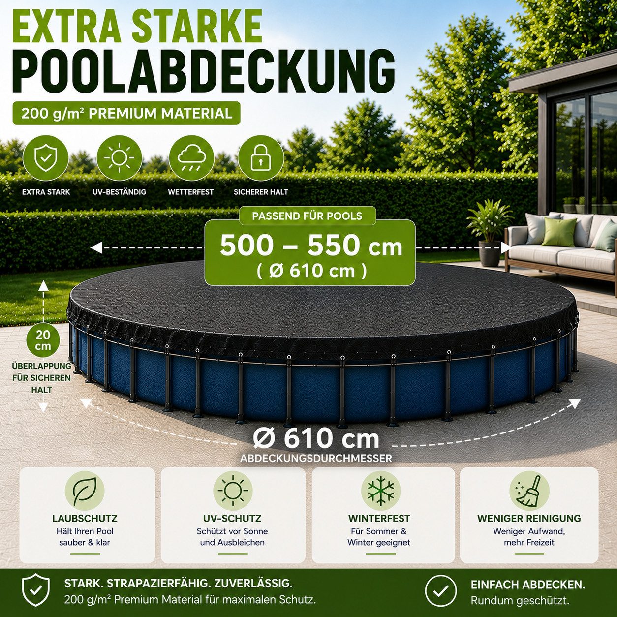 Gartiva® Poolüberdachung Poolabdeckplane rund schwarz – 200 g/m² Solar Poolplane UV-beständig