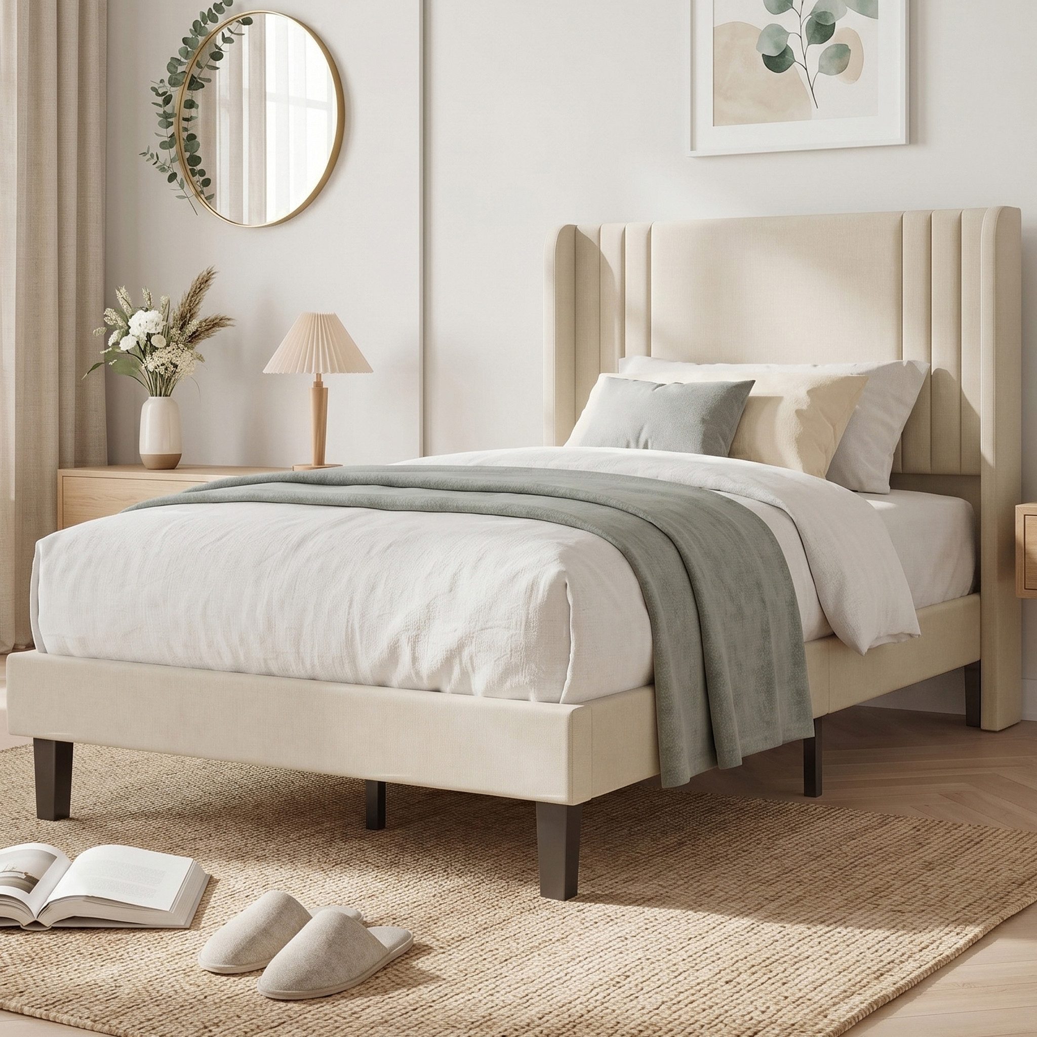 zebery Polsterbett Doppelbett mit Kopfteil und Bettgestell (Packung, 1-tlg), 90x200 cm,Jugendbett,Leinenstoff,Gepolstert,Beige