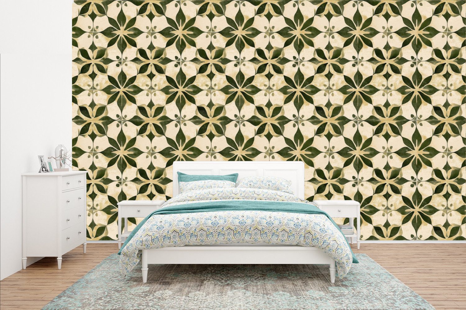 MuchoWow Fototapete Fliese - Muster - Grün, Matt, bedruckt, Vinyl Tapete für Wohnzimmer oder Schlafzimmer, Wandtapete, 435x260 cm