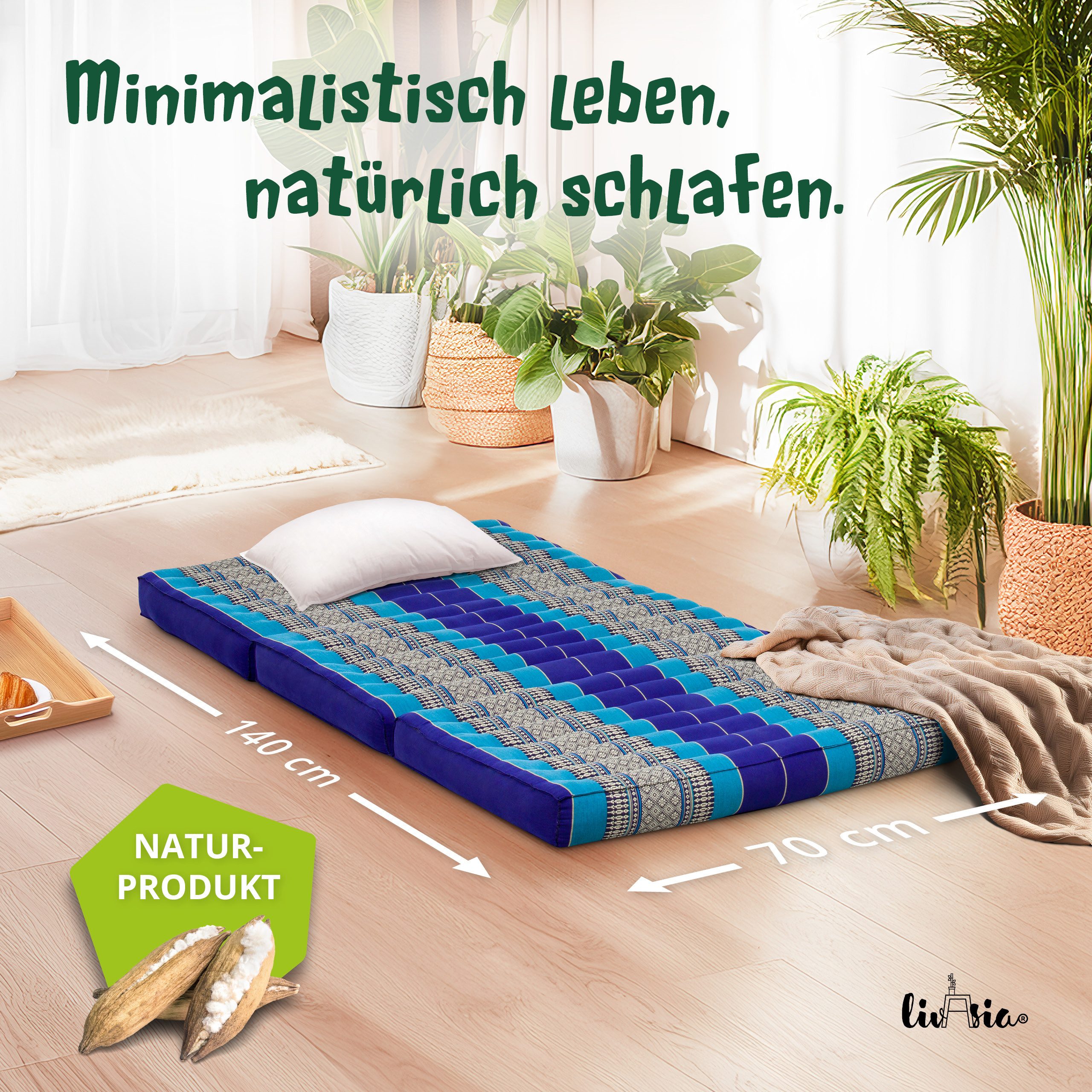 Kindermatratze Klappmatratze 70 cm breit - 140x70x8cm - Faltmatratze für Kinder, livasia, 8 cm hoch, Kapok, vegan, handgefertigt