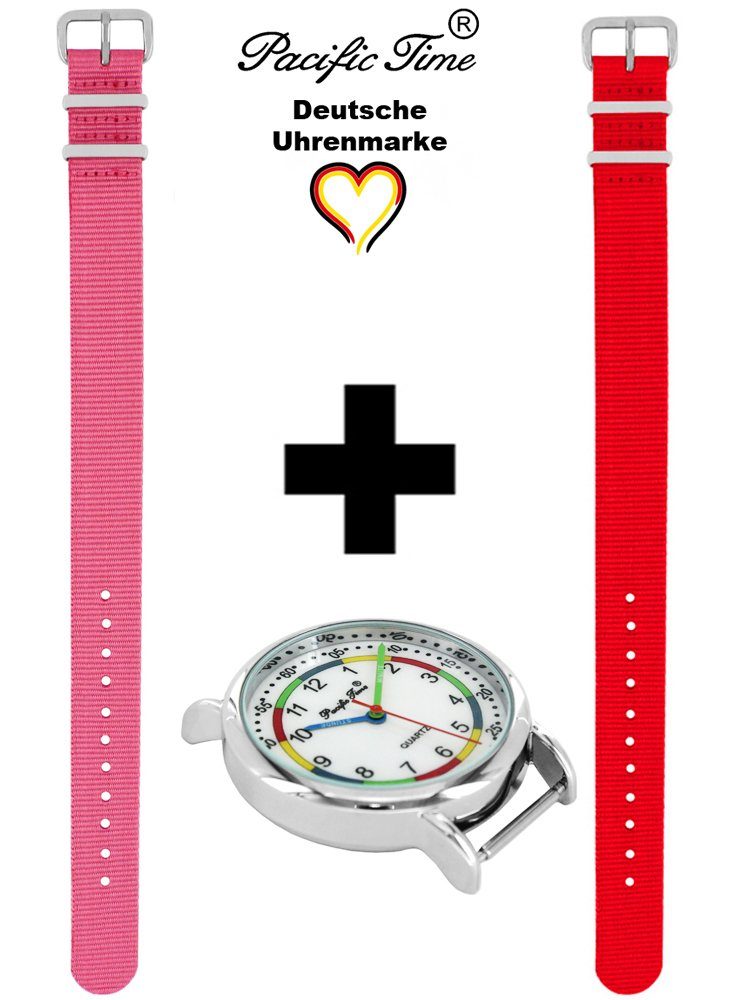 Pacific Time und und Lernuhr Mix Quarzuhr Armbanduhr Gratis rosa Set Versand rot Design Wechselarmband, Kinder First Match 