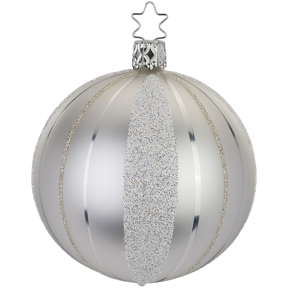 INGE-GLAS® Weihnachtsbaumkugel traditionelle Streifen, silber Ø8cm (1 St),  mundgeblasen, handbemalt | Weihnachtskugeln