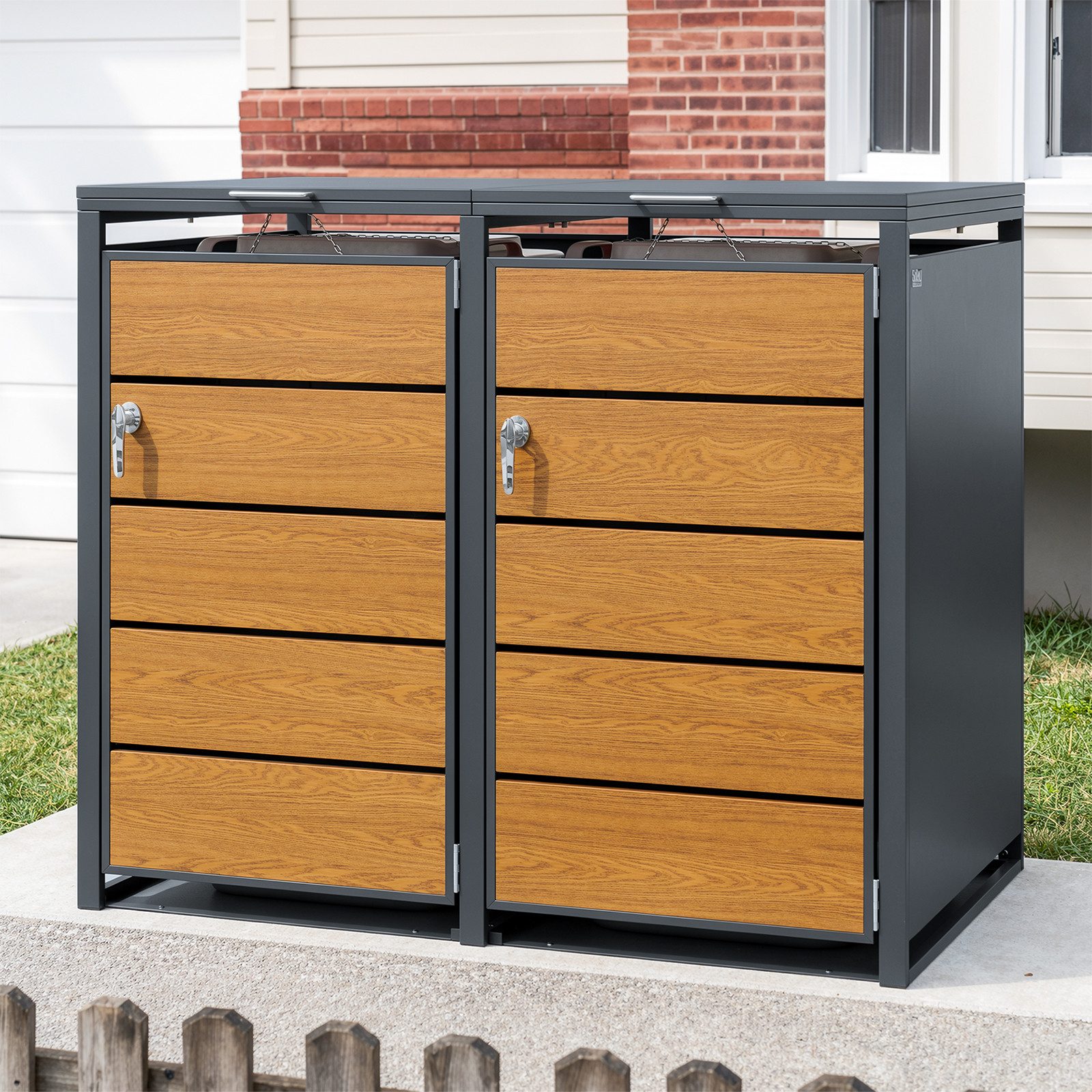 SoBuy Mülltonnenbox OGS64, 2er Set mit Gasdruckfeder, abschließbar (2er Set), Mülltonnenverkleidung aus Metall und Holzoptik, fahrbar mit Rollen
