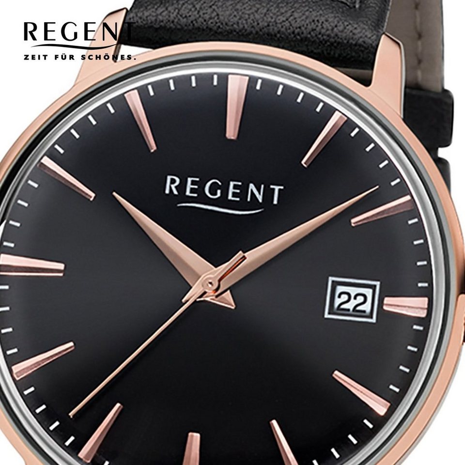 Regent Quarzuhr Regent Herren Damen-Armbanduhr schwarz, Herren, Damen  Armbanduhr rund, groß (ca. 40mm), Lederarmband