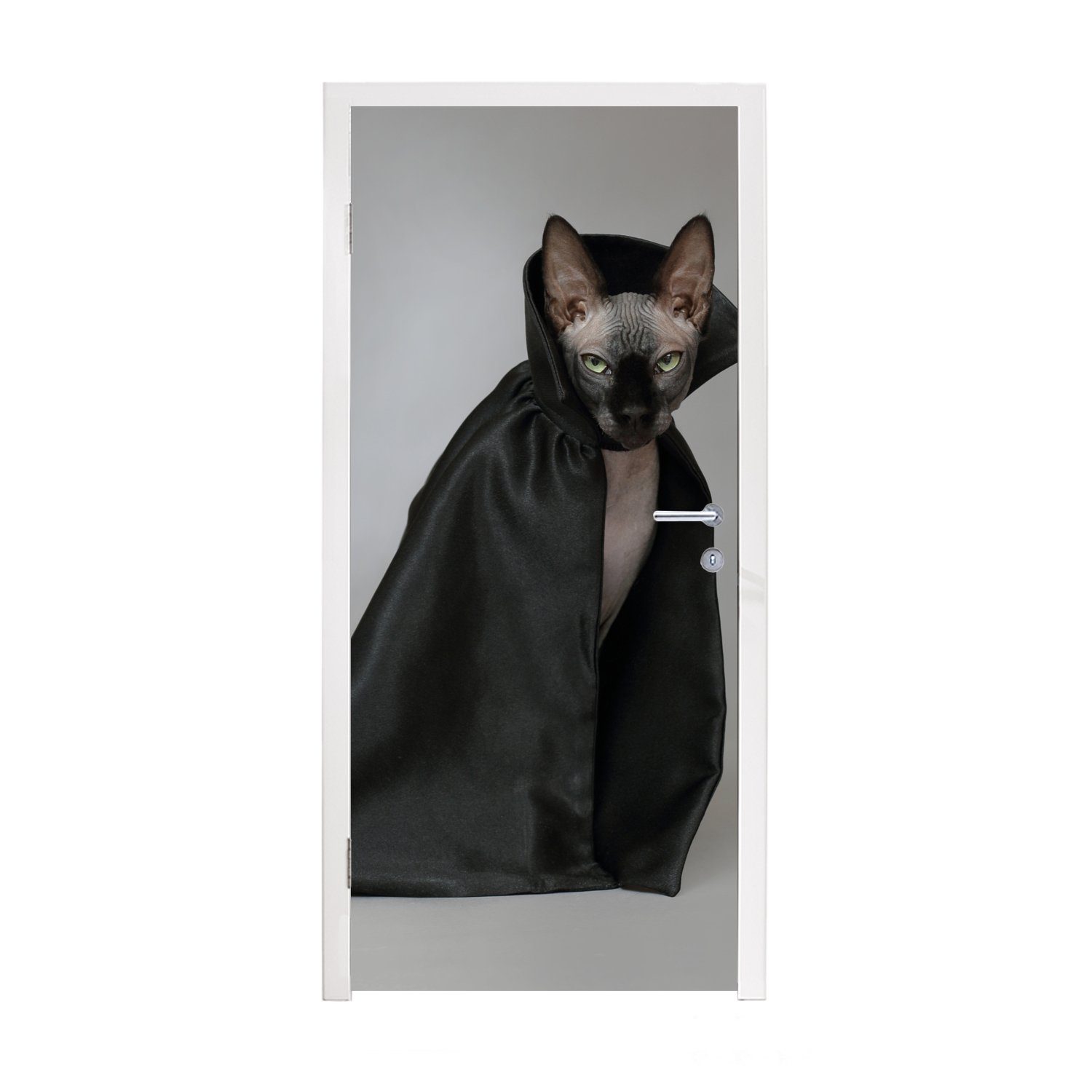 MuchoWow Türtapete Katze - Umhang - Schwarz, Matt, bedruckt, (1 St), Fototapete für Tür, Türaufkleber, 75x205 cm