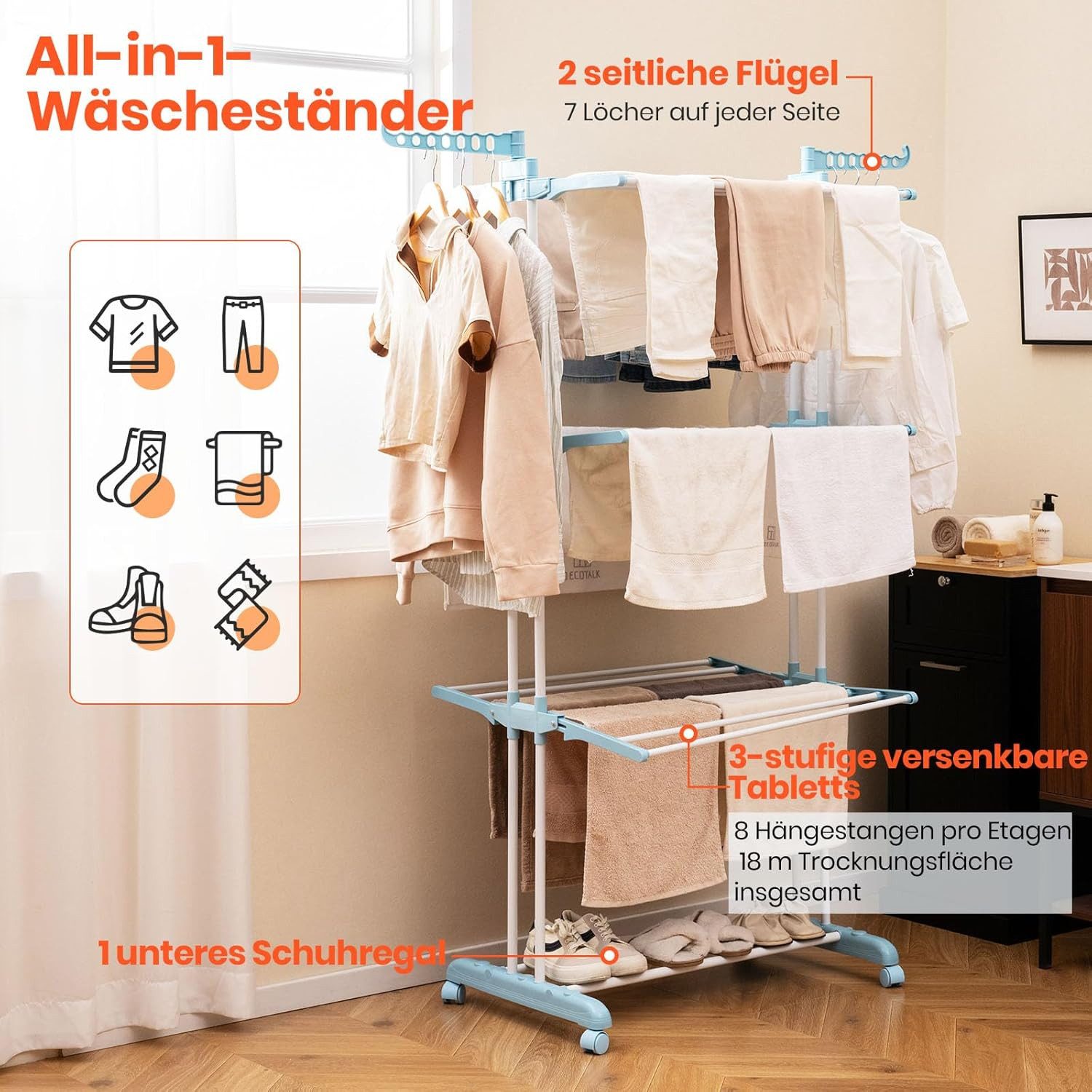 KOMFOTTEU Kleiderständer, 4-stufiger Wäscheständer, klappbarer Wäschetrockn günstig online kaufen