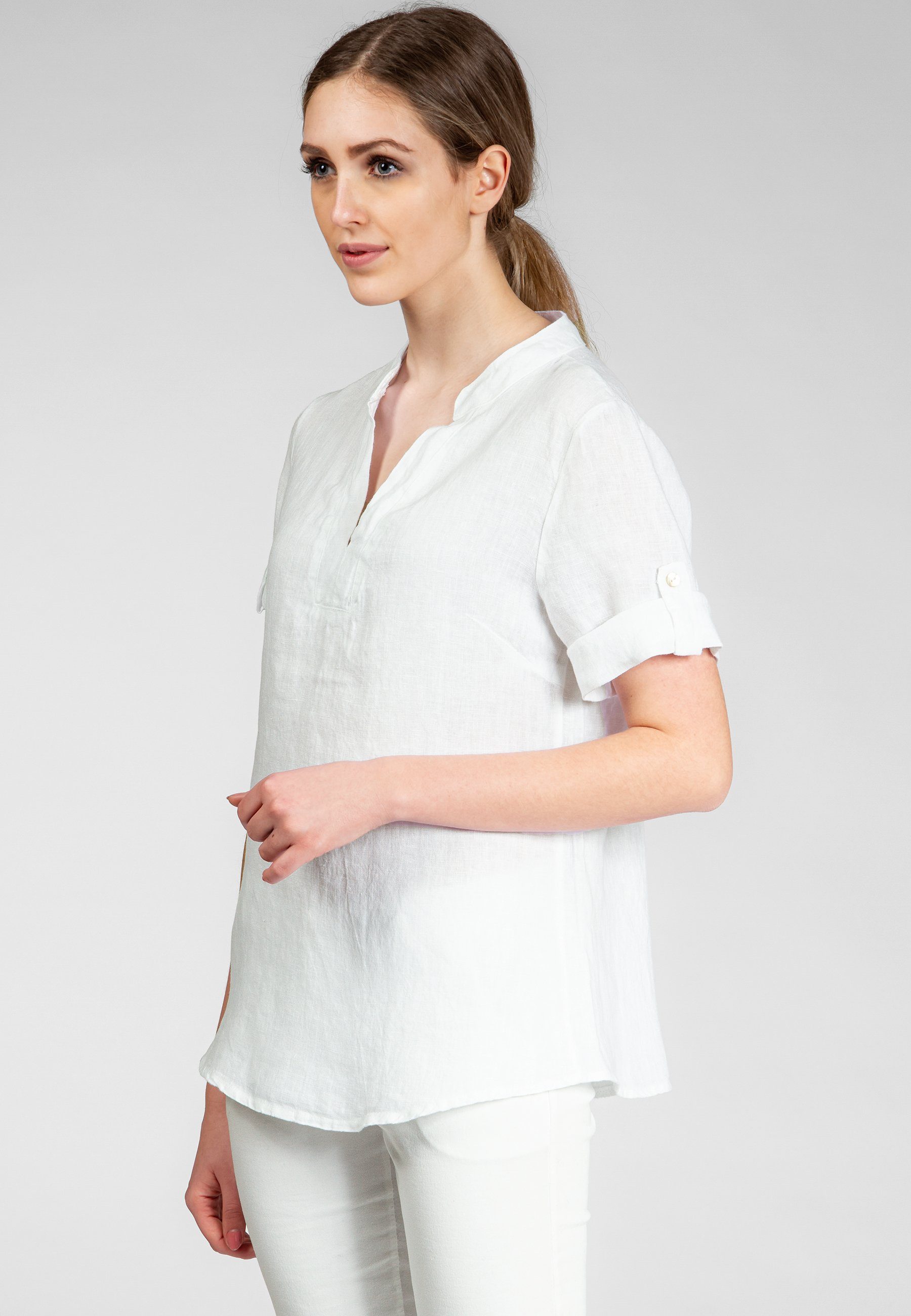 Caspar Shirtbluse BLU024 elegante Damen Halbarm Sommer Leinenbluse mit stylischem V-Ausschnitt - Made in Italy