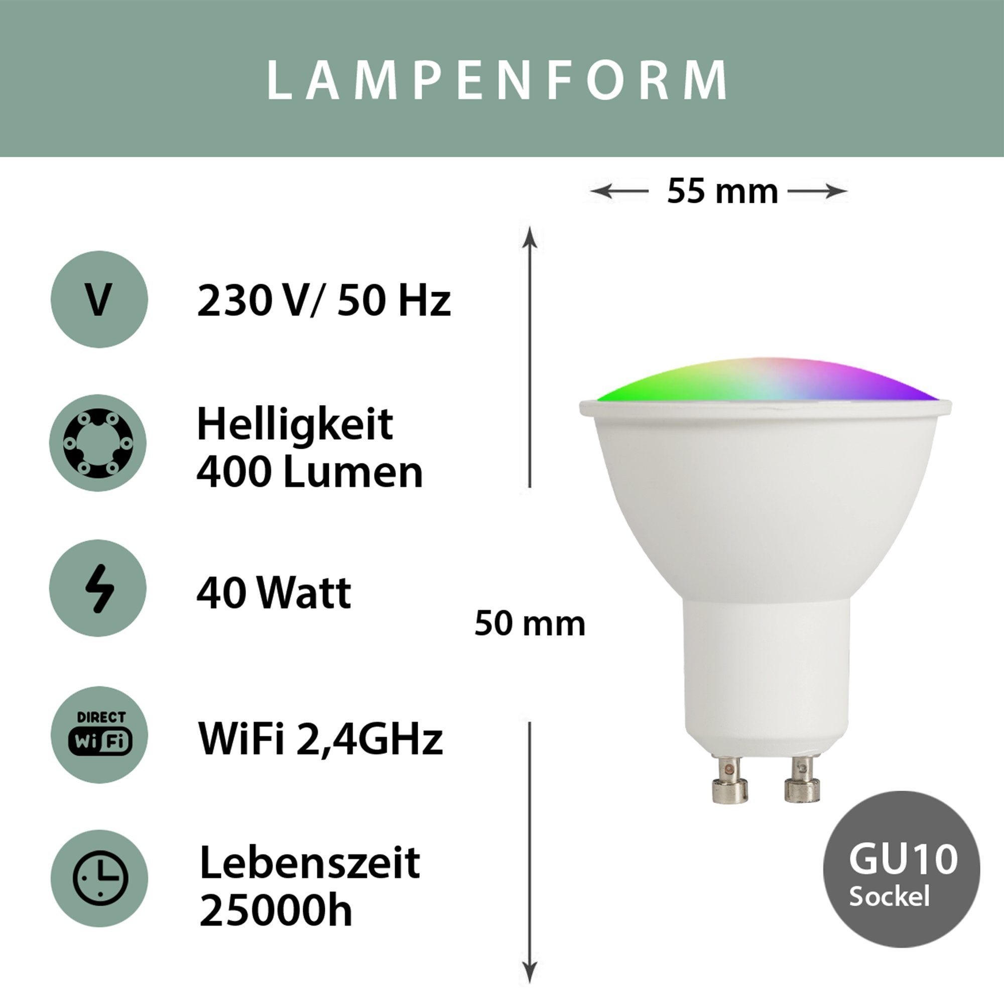 2er LED BUNT, 40W LED-Leuchtmittel SMART 2700 STRAHLER, Lumen, dimmbar 2 Strahler, KALTWEISS, WARMWEISS, PACK GU10 SMARTE 6500K, LED HOME - Sprach-/Appsteuerung, St., GU10, XCOAST 400 WLAN,