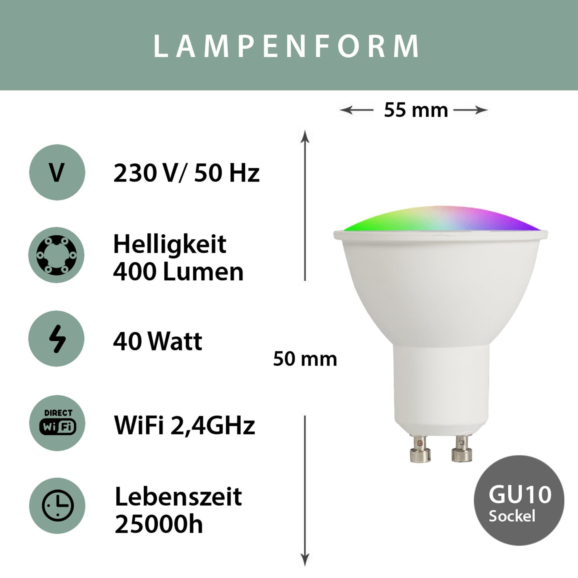 XCOAST LED-Leuchtmittel 2er PACK SMARTE GU10 LED 40W STRAHLER, 400 Lumen,  GU10, 2 St., WARMWEISS, KALTWEISS, BUNT, 2700 - 6500K, SMART HOME LED  Strahler, WLAN, Sprach-/Appsteuerung, dimmbar