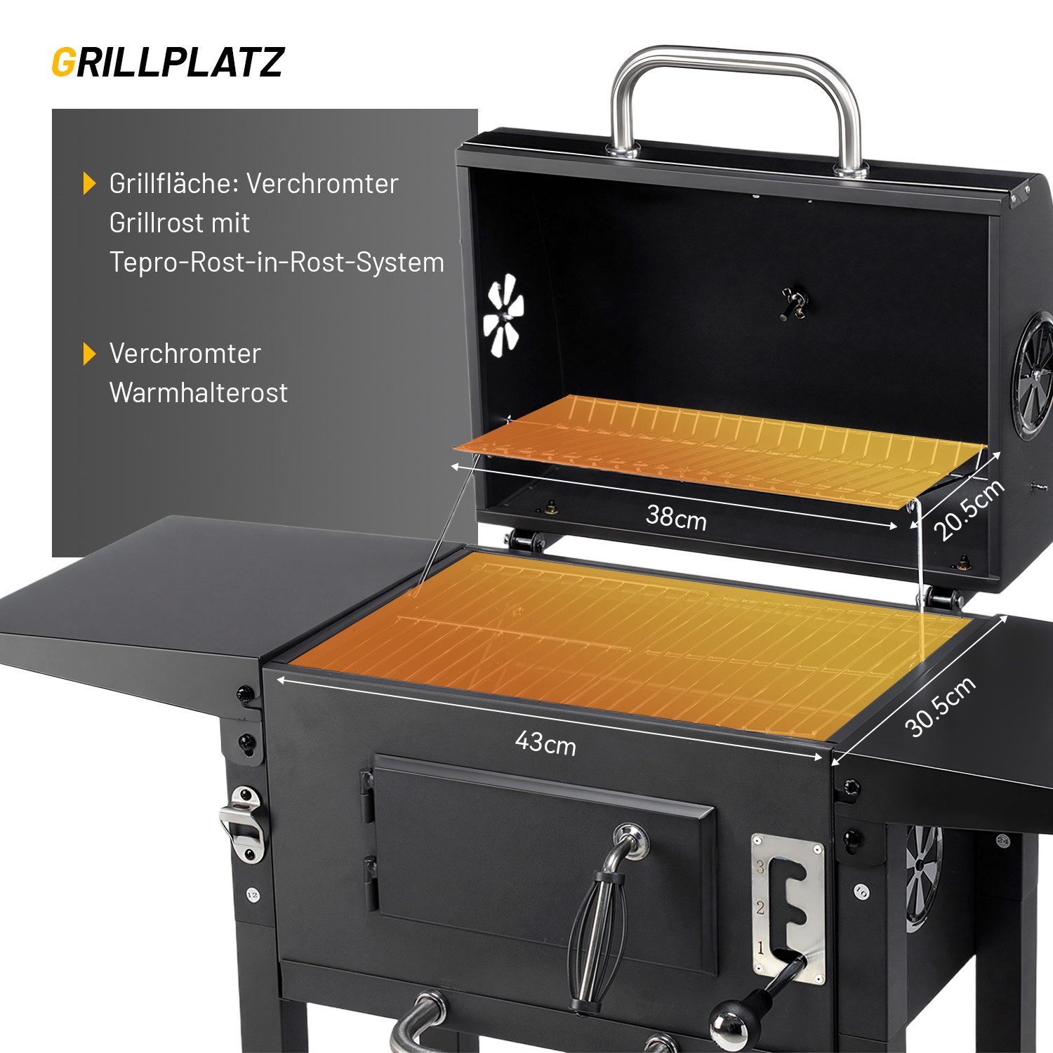kehot Holzkohlegrill Holzkohlegrill Grillwagen mit Deckel und Grillfläche 45,5x30 cm, BBQ Grillwagen mit 2 Seitenablagen und Ablagegitter unten, Mobiler Holzkoh – Bild 5 von 5