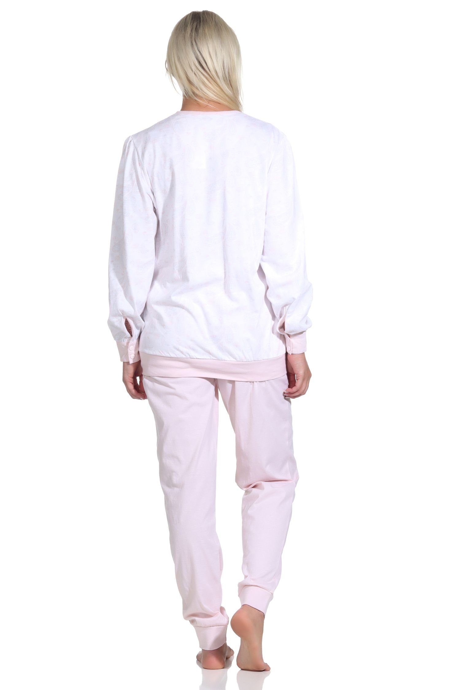 Normann Pyjama Damen Schlafanzug mit Design und rosa Paysley Hals Bündchen Knopfleiste im