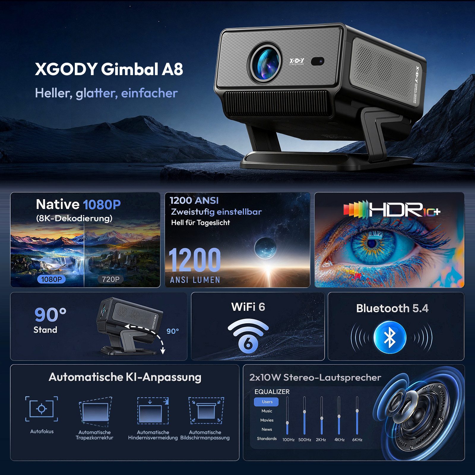 XGODY 2026 Neuer Smart Beamer 4k heimkino mit leinwand, Integrierte APP UHD-Beamer (1200 lm, 2500:1, 3840 x 2160(1200 ANSI) px, Android 14, Full HD 1080P, unterstützt 8K-Decodierung Projektor) schwarz
