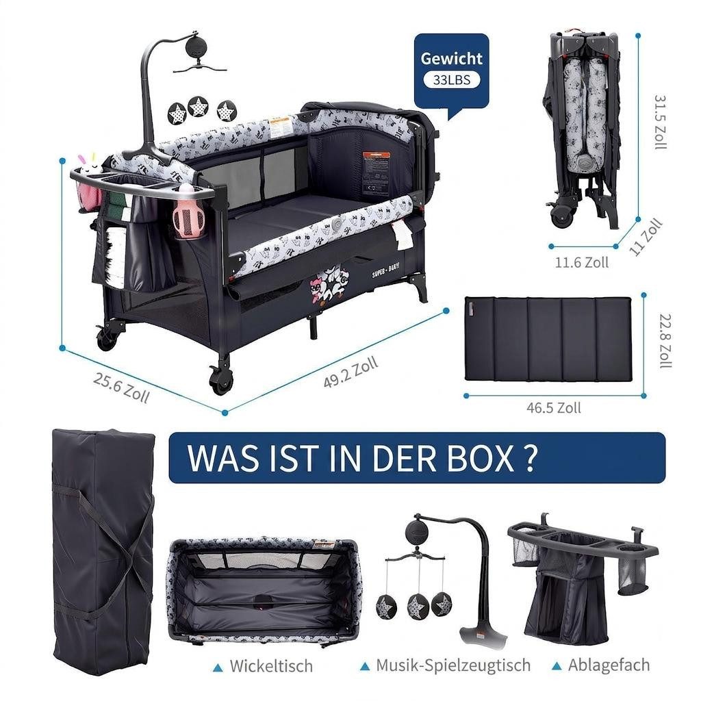GarveeMore Babybett 5-in-1 Reisebett, faltbares Babybett für Babys mit Wickeltisch, Wiegefunktion,Hängespielzeug, 4 verstellbaren Höhen