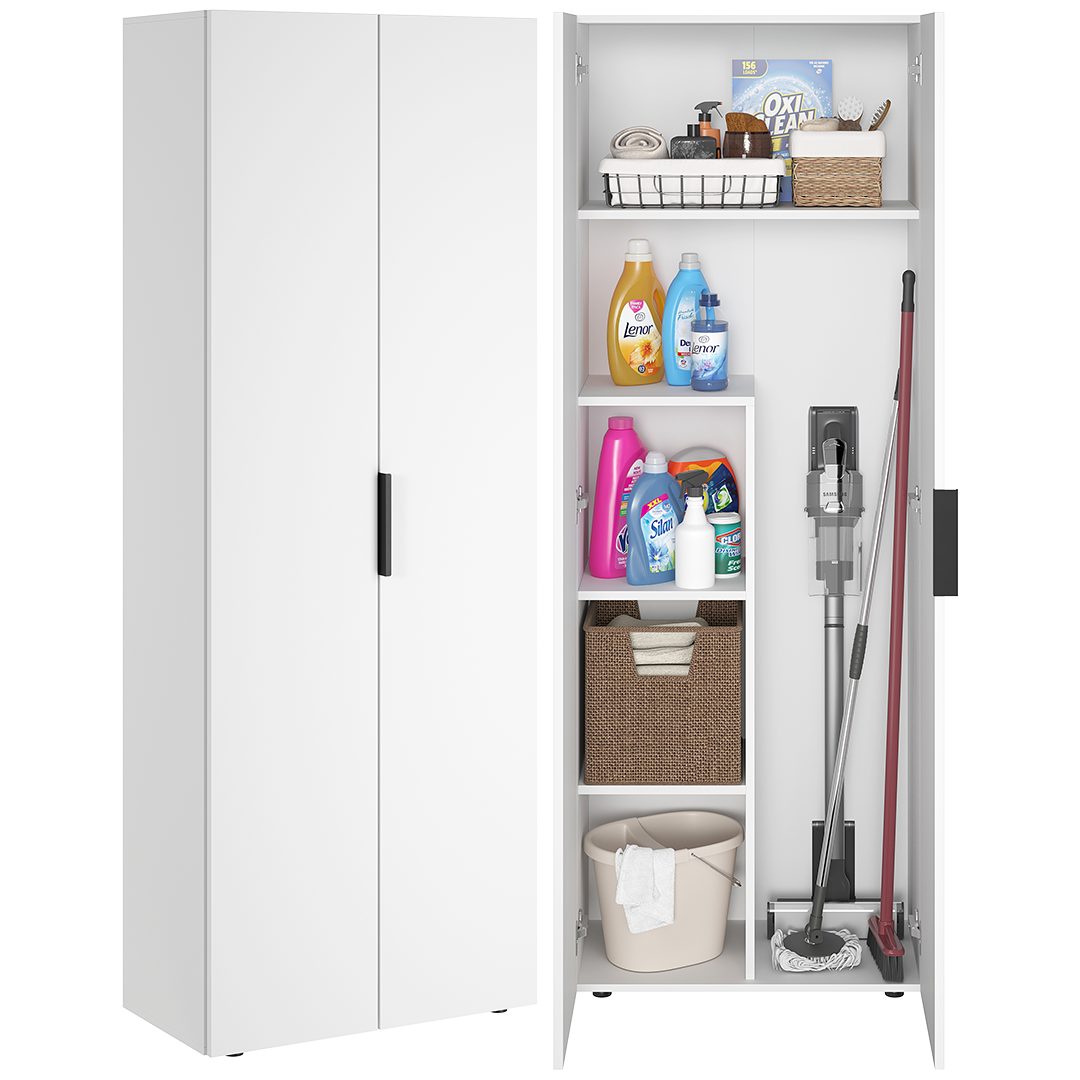 Bellamio Mehrzweckschrank Lurio inkl. Staubsaugerfach Besenschrank aus Holz in Weiß, Haushaltsschrank mit Griff & 5 Fächern