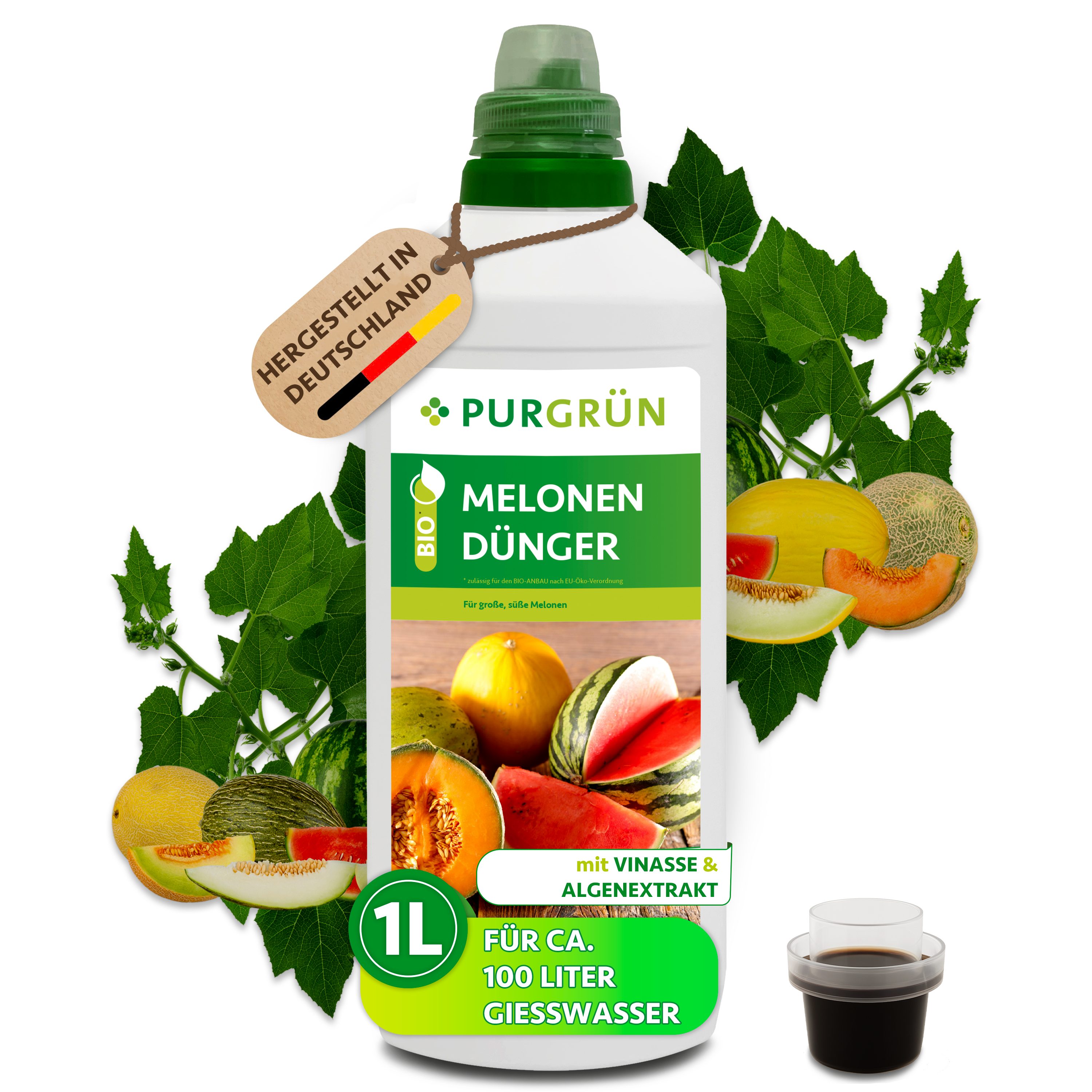 Purgrün Obstdünger Bio Melonen Dünger, NPK 4+1+7, Algenextrakt, Vinasse, 1 Liter