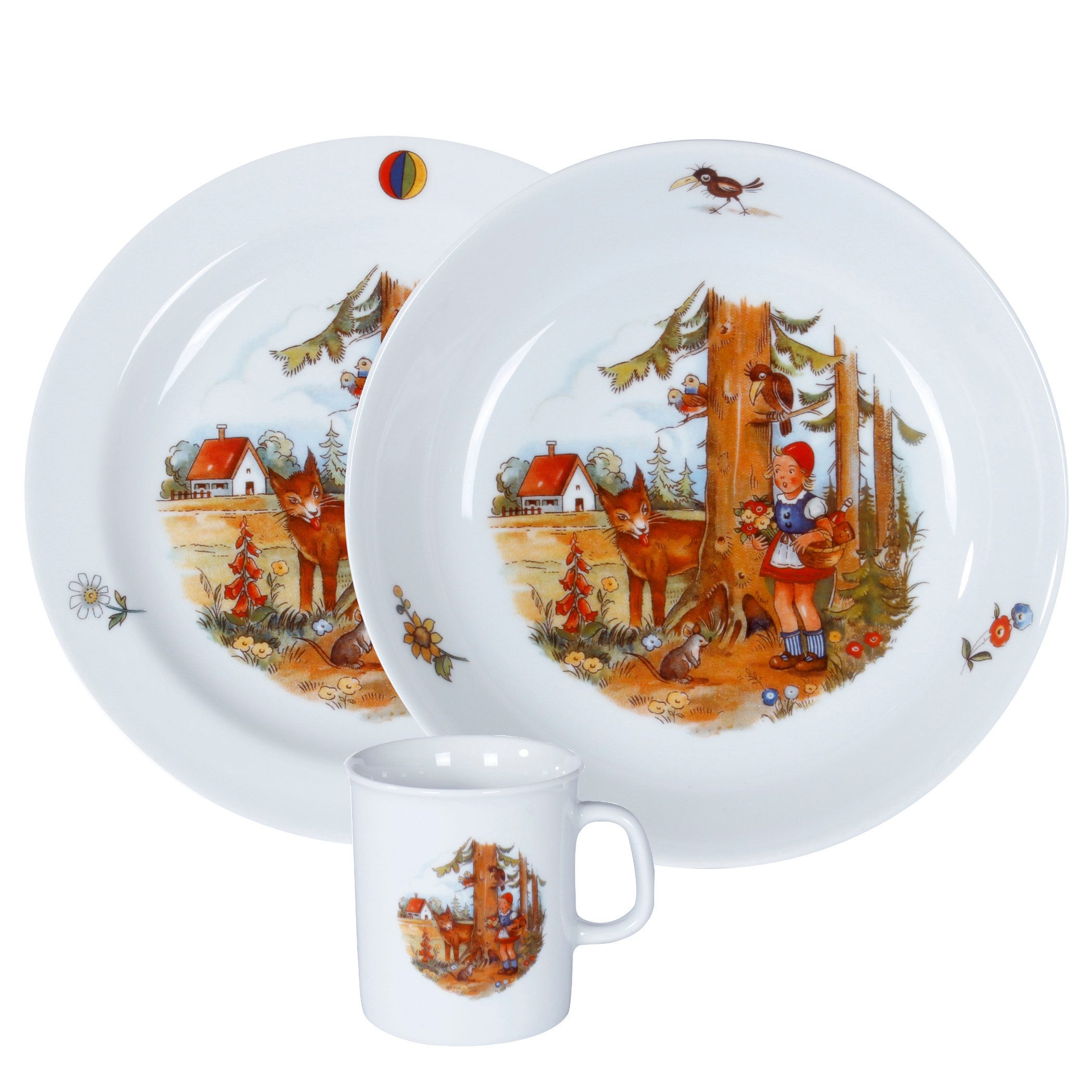 L.E.R.D.93 Kindergeschirr-Set Kindergedeck 3-tlg. Porzellan, buntes Märchenmotiv "Rotkäppchen", Porzellan, Wunderschönes buntes Märchenmotiv "Hänsel & Gretel"