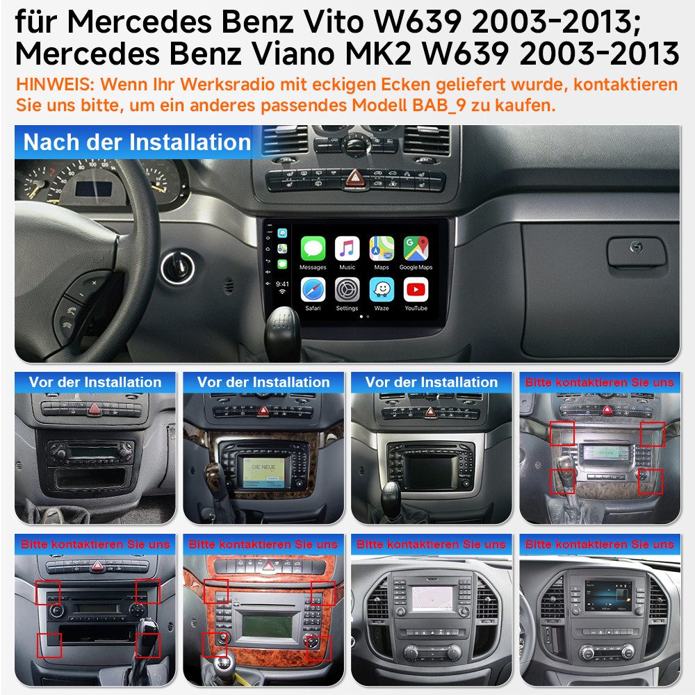 A-Sure 10.1" Android 15 radio Carplay Navi Für Mercedes-Benz Viano Vito W639 Autoradio (Digitalradio (DAB), FM, AM)