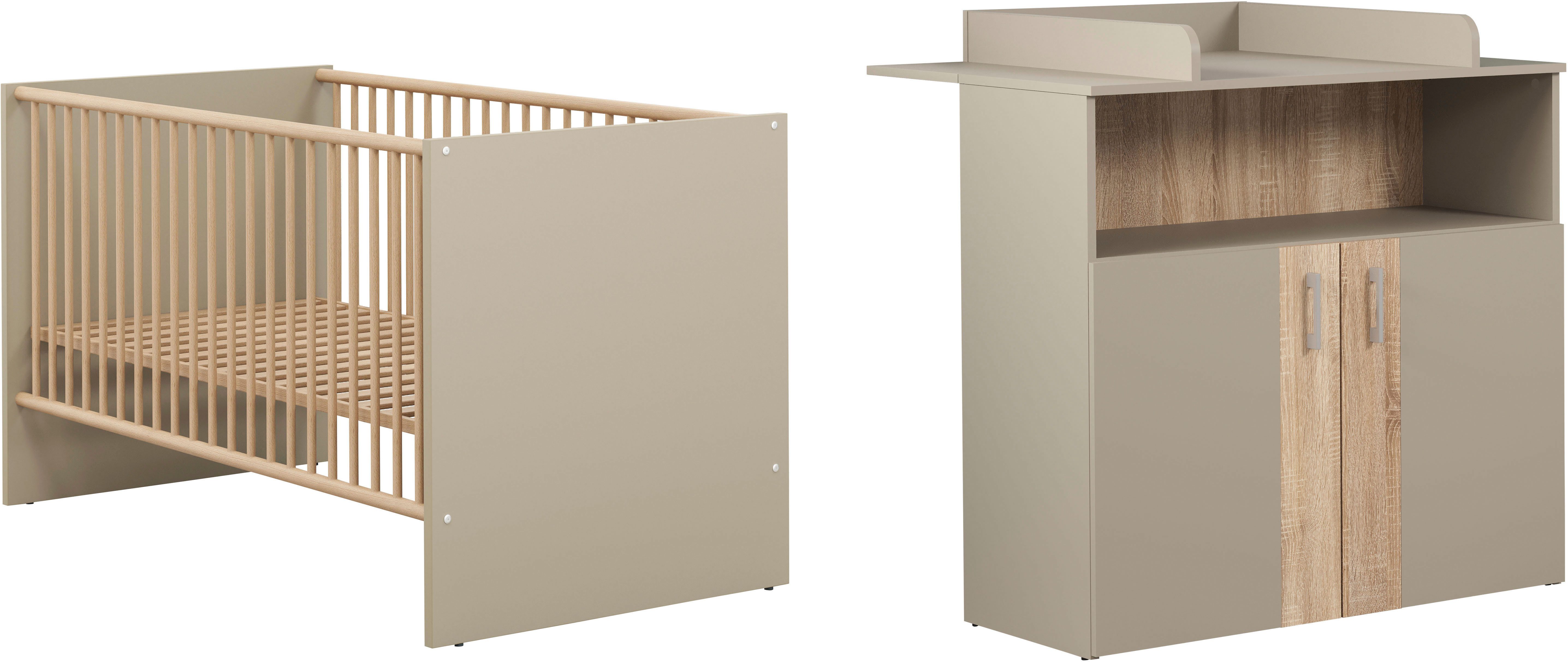 trendteam Babymöbel-Set Beja, (Set, 2-tlg), Babyzimmermöbel: Kinderbett und Wickelkommode - silberfarbene Griffe