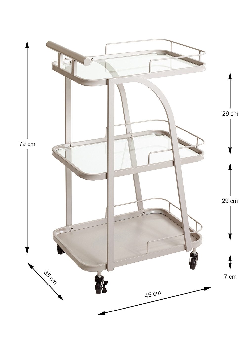 HAKU Servierwagen mit 3 Ablagen,Glas und Kaschmirgrau - 35x79x45 (BxHxT)
