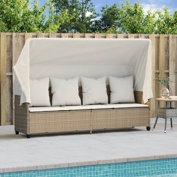 vidaXL Wellnessliege Sonnenliege mit Dach und Kissen Beige Polyrattan Sonnenbett mit Himmel