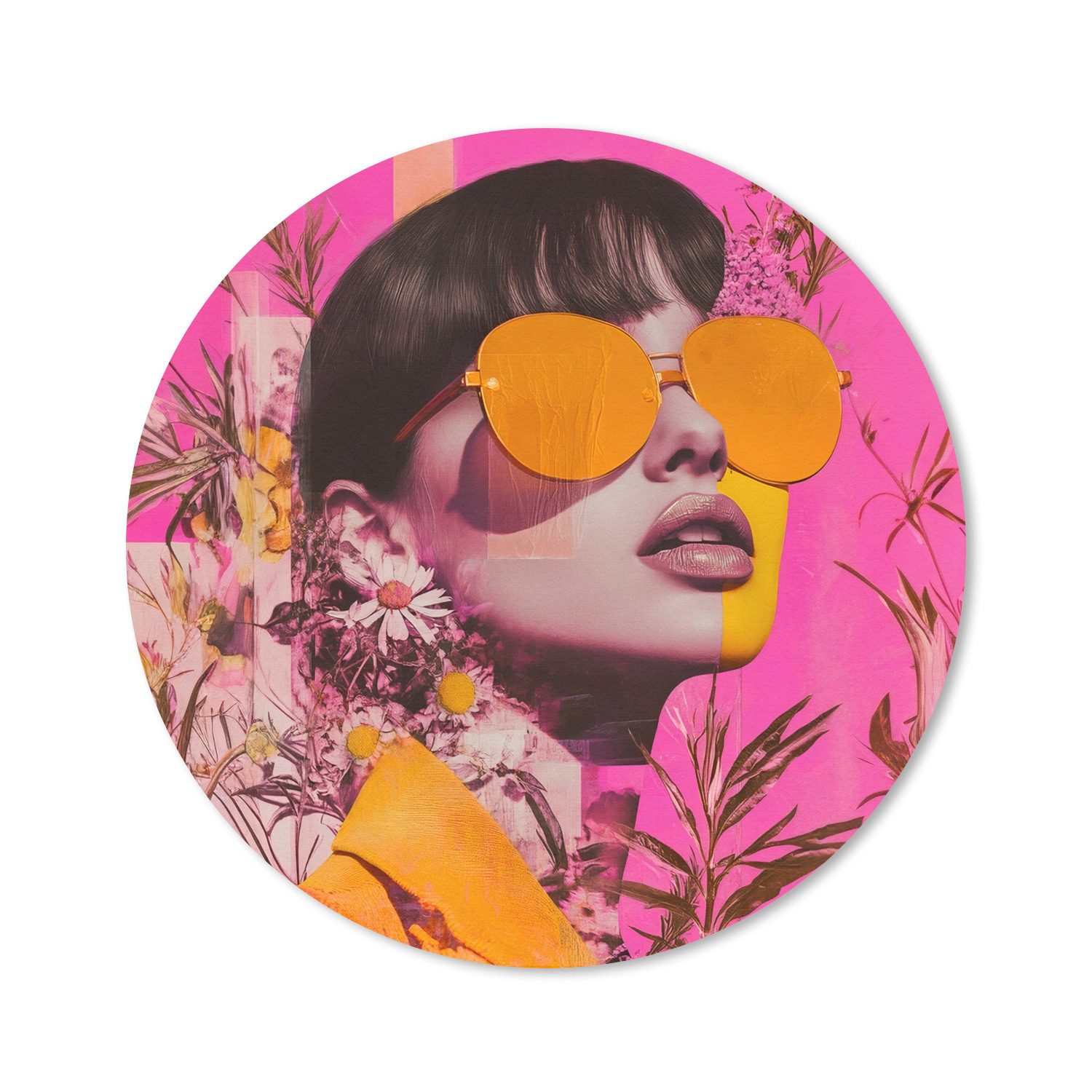 MuchoWow Mauspad Sonnenbrille - Orange - Frau - Pflanzen (1-St), Gaming, Rutschfester Unterseite, Mausunterlage, Rund 50x50 cm