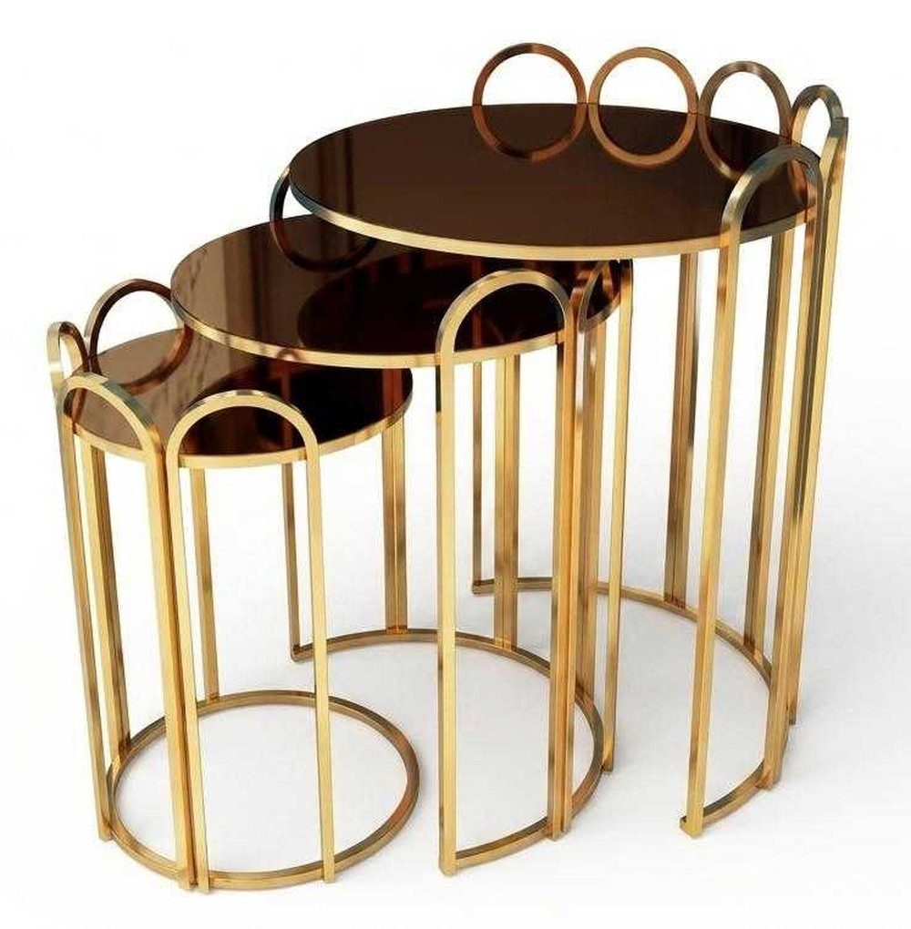 Xlmoebel Satztisch Set aus 3 runden Beistelltischen in Gold mit Glas und Metall, Made in Europa