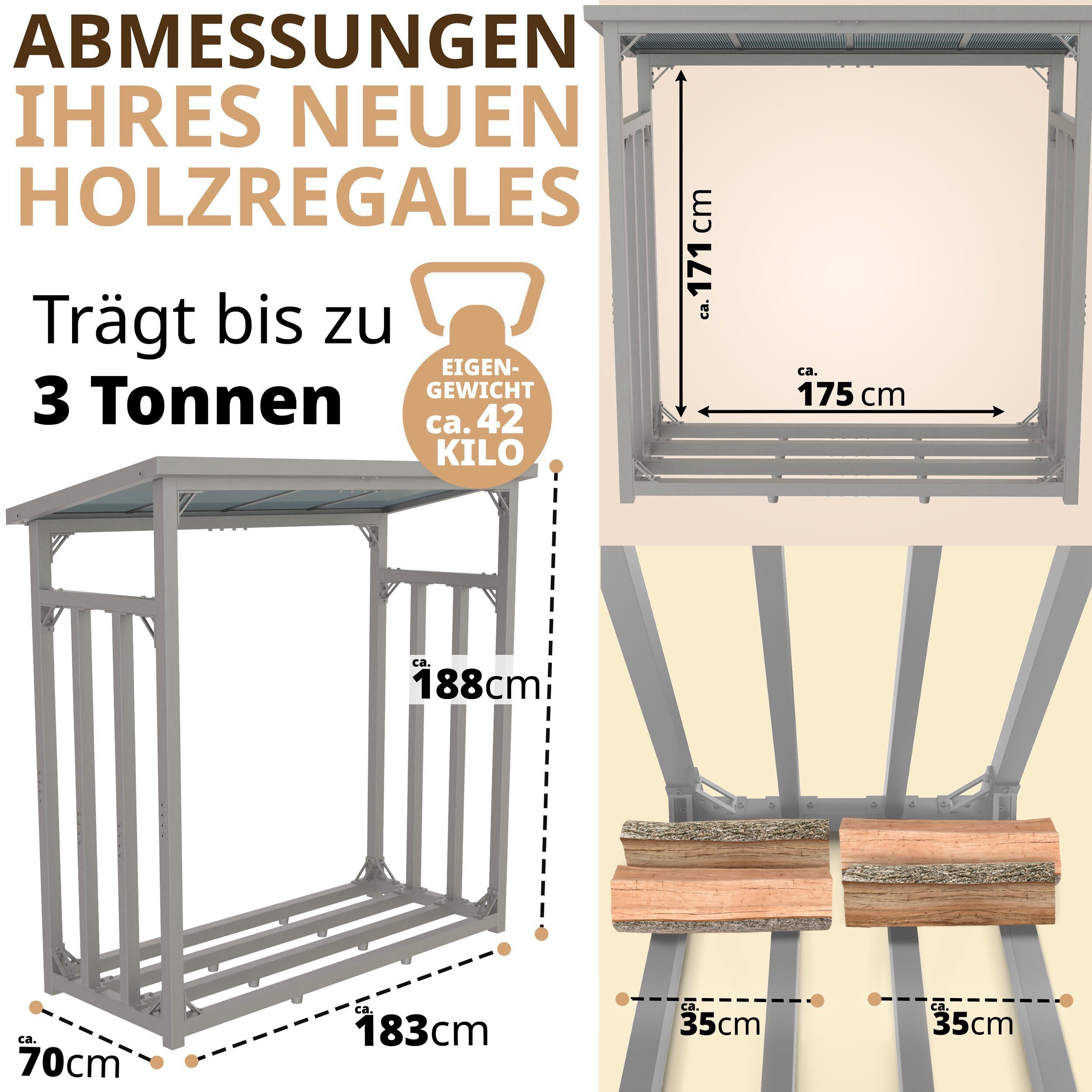 LAWA Living and Lifestyle Kaminholzregal außen Dach Holzunterstand mit Rückwand VERZINKT Brennholz Regal Metall, BxTxH:188x70x188 cm, (Set, mit Abdeckplane / Abdeckung), Stapelhilfe Holz, pulverbeschichtet, mit Plane
