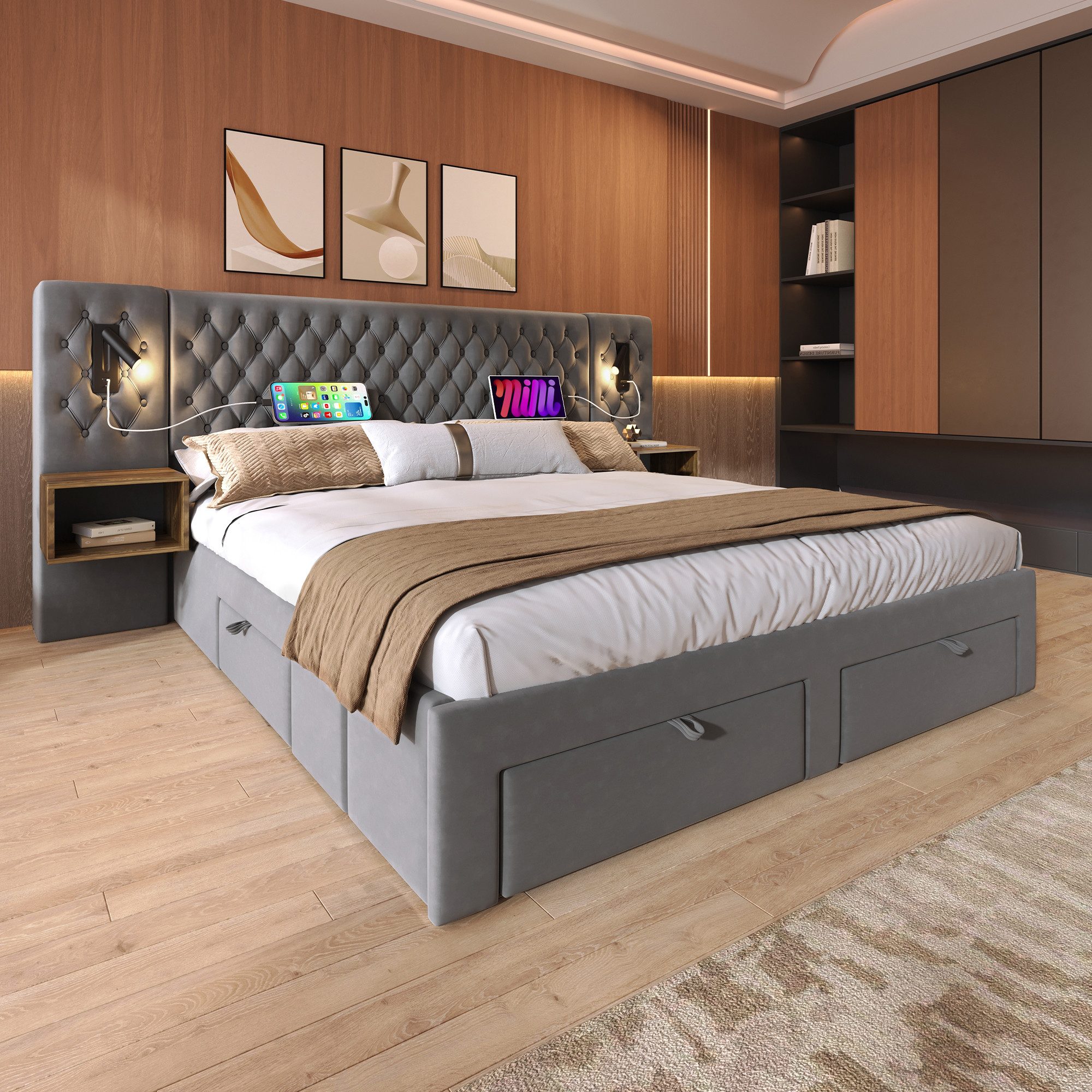 MODFU Polsterbett Vintage Doppelbett (Funktionsbett, 1-tlg., 160×200 cm, Ohne Matratze), mit 2 Nachttischen, 4 Schubladen, USB- & Type-C-Ladeanschluss