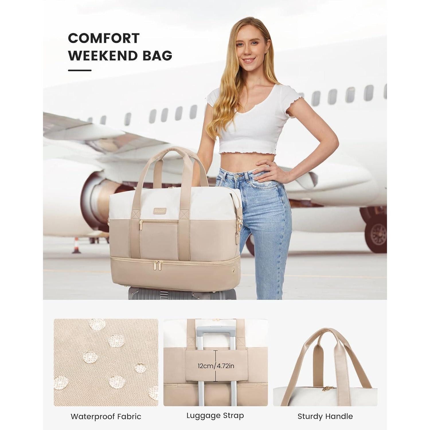 LuxusKollektion Weekender Reisetasche Damen Weekender Handgepäck Update-beige+khaki 45x36x20cm – Bild 4 von 5