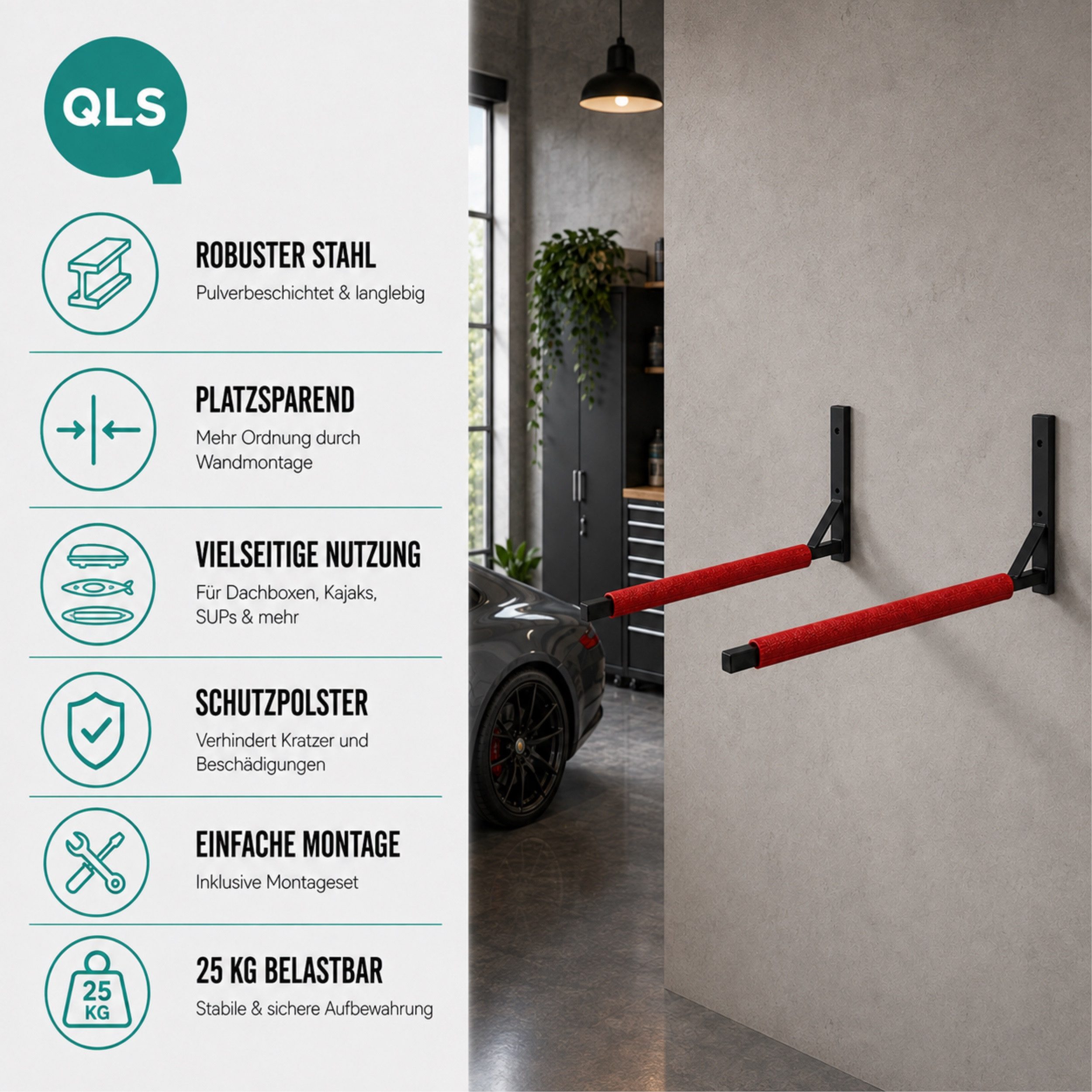 QLS Dachbox-Halterung WSB, (bis 32,50 Zoll, Set, aus Stahl mit Schaum Puffer, für Dachkoffer Gartengeräte Skibox Sportgeräte Surfbrett iSUP) von QLS