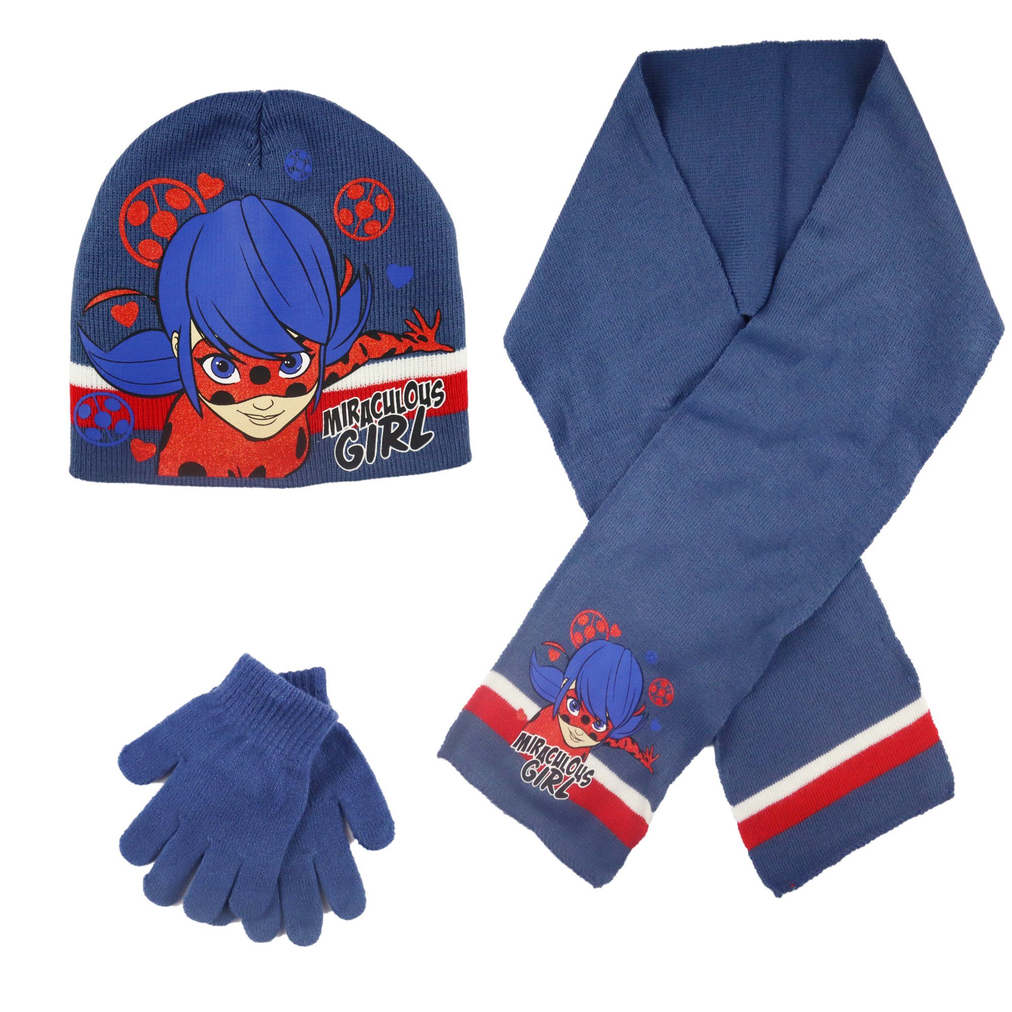 Miraculous - Ladybug Jerseymütze Miraculous Ladybug Winterset für Kinder - Mütze, Schal & Handschuhe Gr. 52 bis 54 Blau
