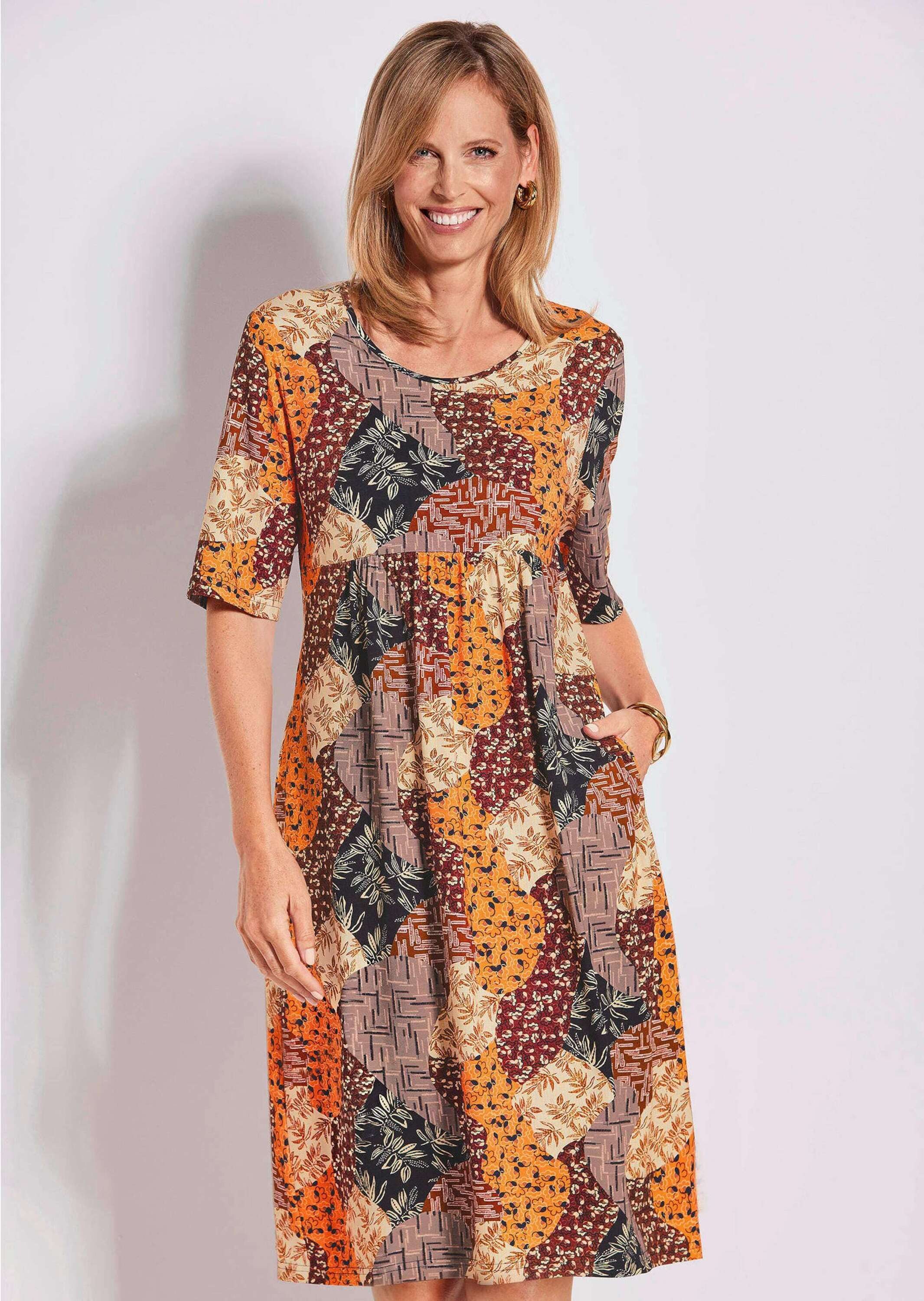 GOLDNER Jerseykleid Druckkleid im Mustermix Printkleid mit Unikatprint, Rundhals, halblange Ärmel