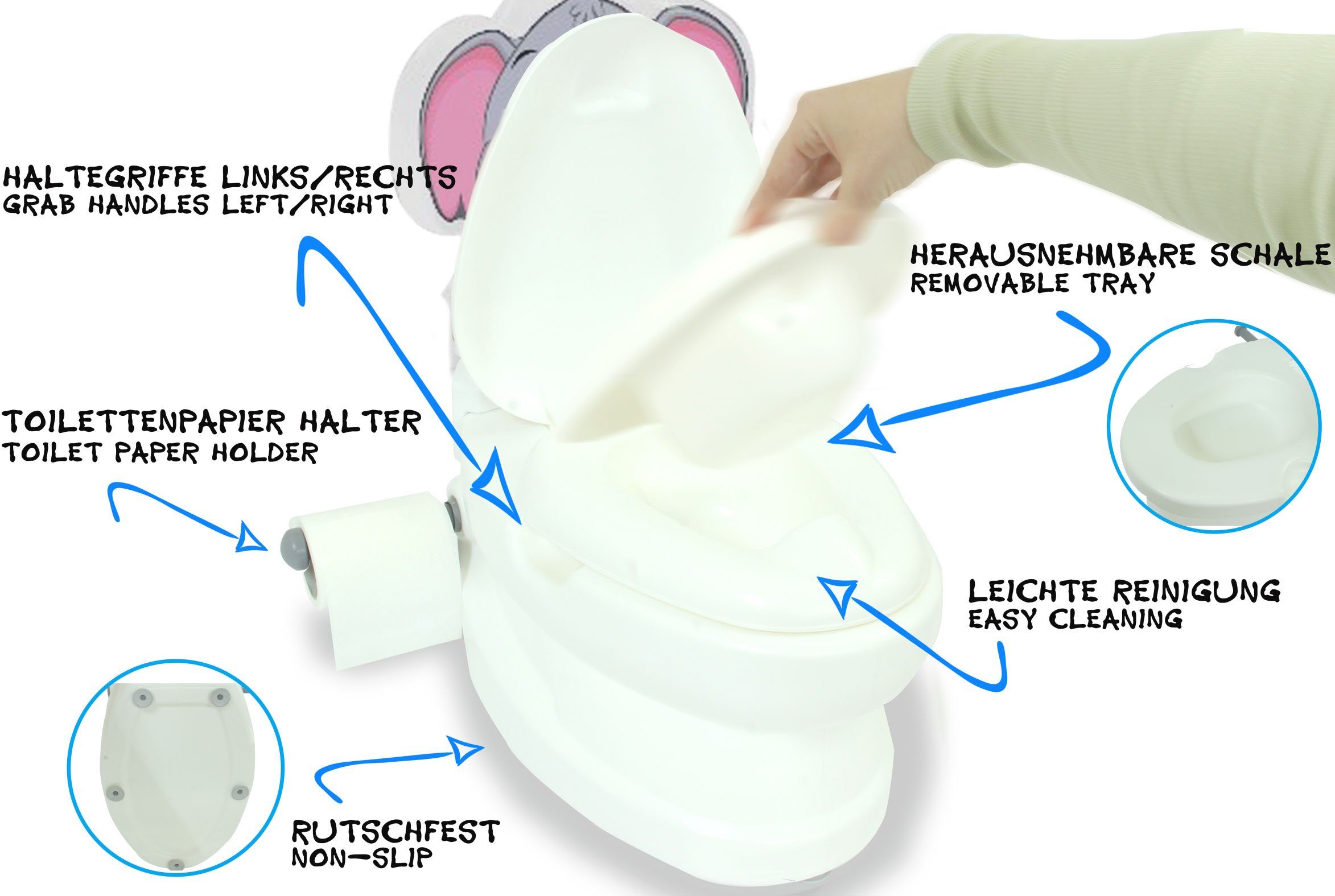 Jamara Toilet Trainer My Little Toilet, Elephant, with flushing sound and toilet paper holder