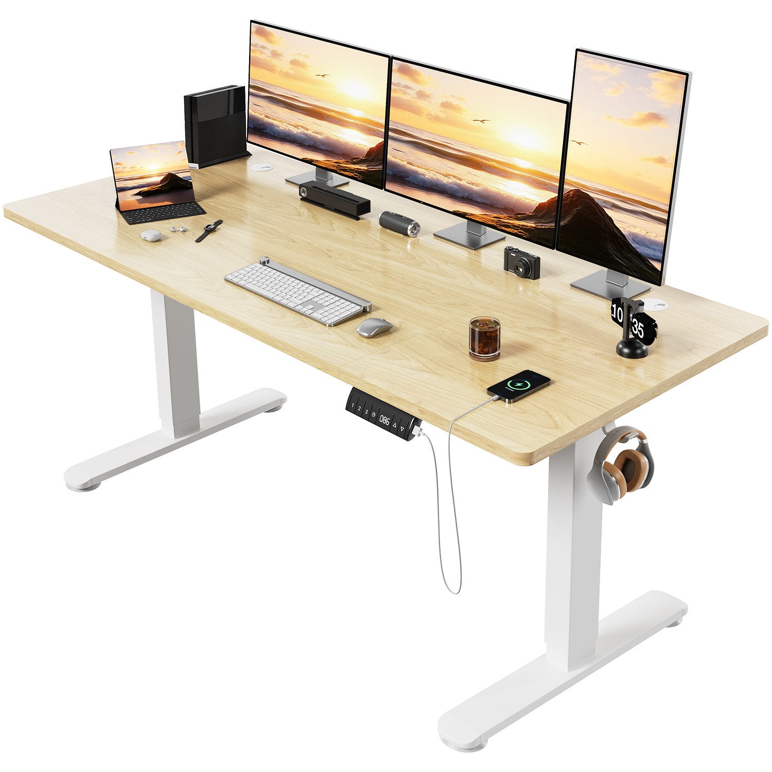 HOMALL Schreibtisch Höhenverstellbarer Elektrisch Schreibtisch, Vierteilige Tischplatte (Große Размер 140*70cm 160/180*80cm, mit USB-Ladeanschluss, einstellbare 3-stufige Höhe)