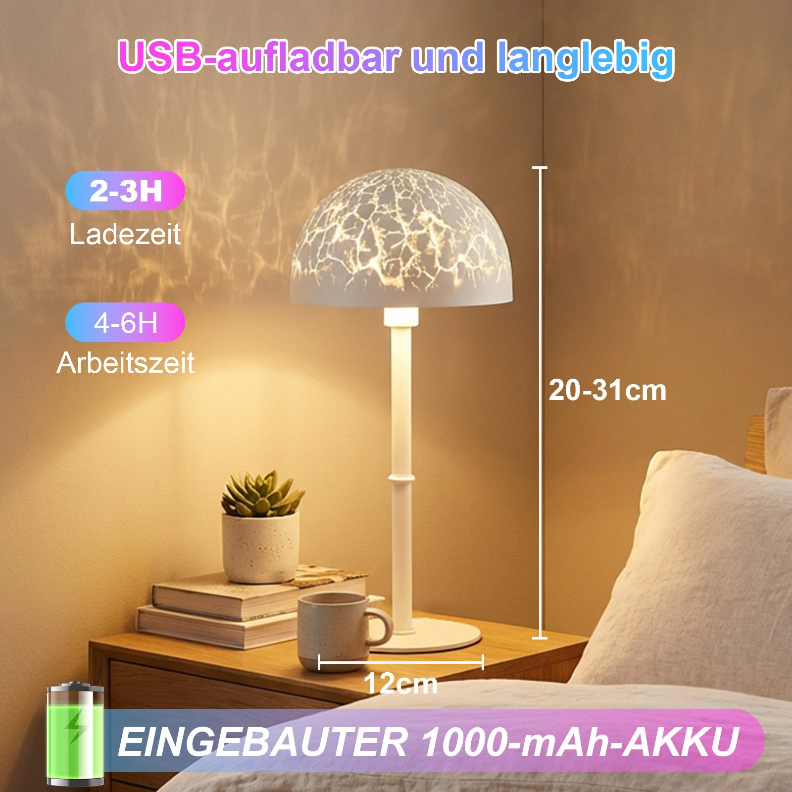 Lapalife Nachttischlampe Projektor RGB Ozeanwellenprojektor, Akku Tischlampe Kabellos, LED fest integriert, Mit Touch & Fernbedienung,für Schlafzimmer,Dusche/Badewanne im Inneren