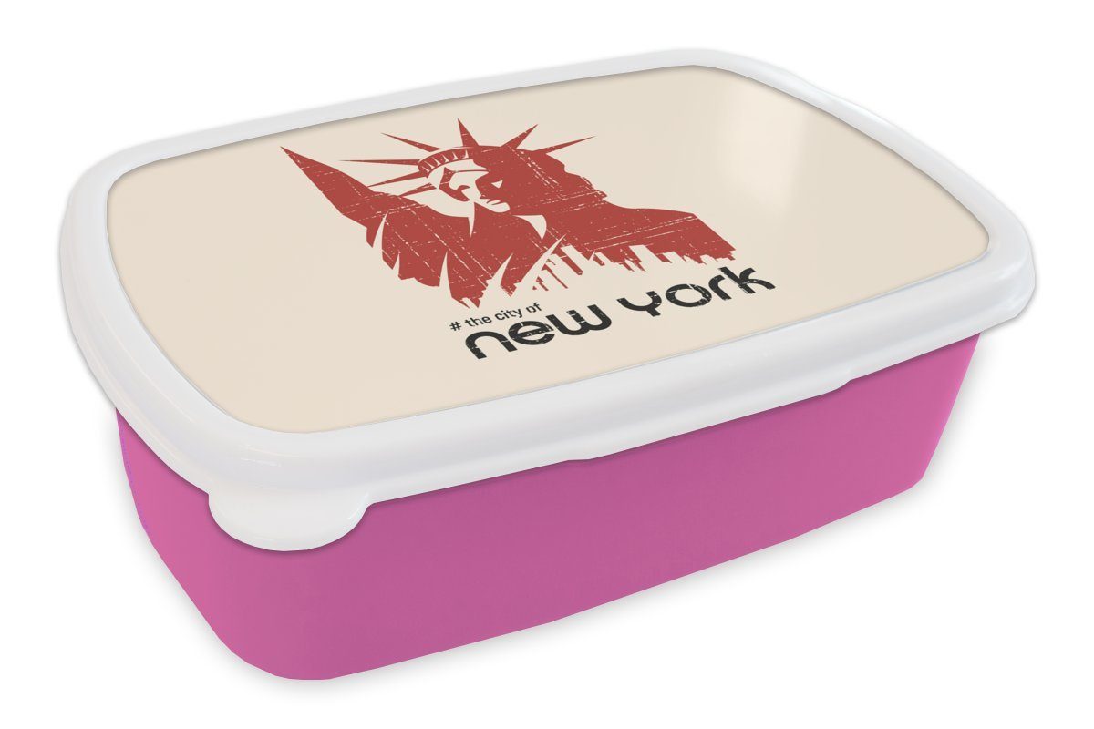 MuchoWow Lunchbox New York - Rot - Freiheitsstatue, Kunststoff, (2-tlg), Brotbox für Erwachsene, Brotdose Kinder, Snackbox, Mädchen, Kunststoff rosa | Lunchboxen