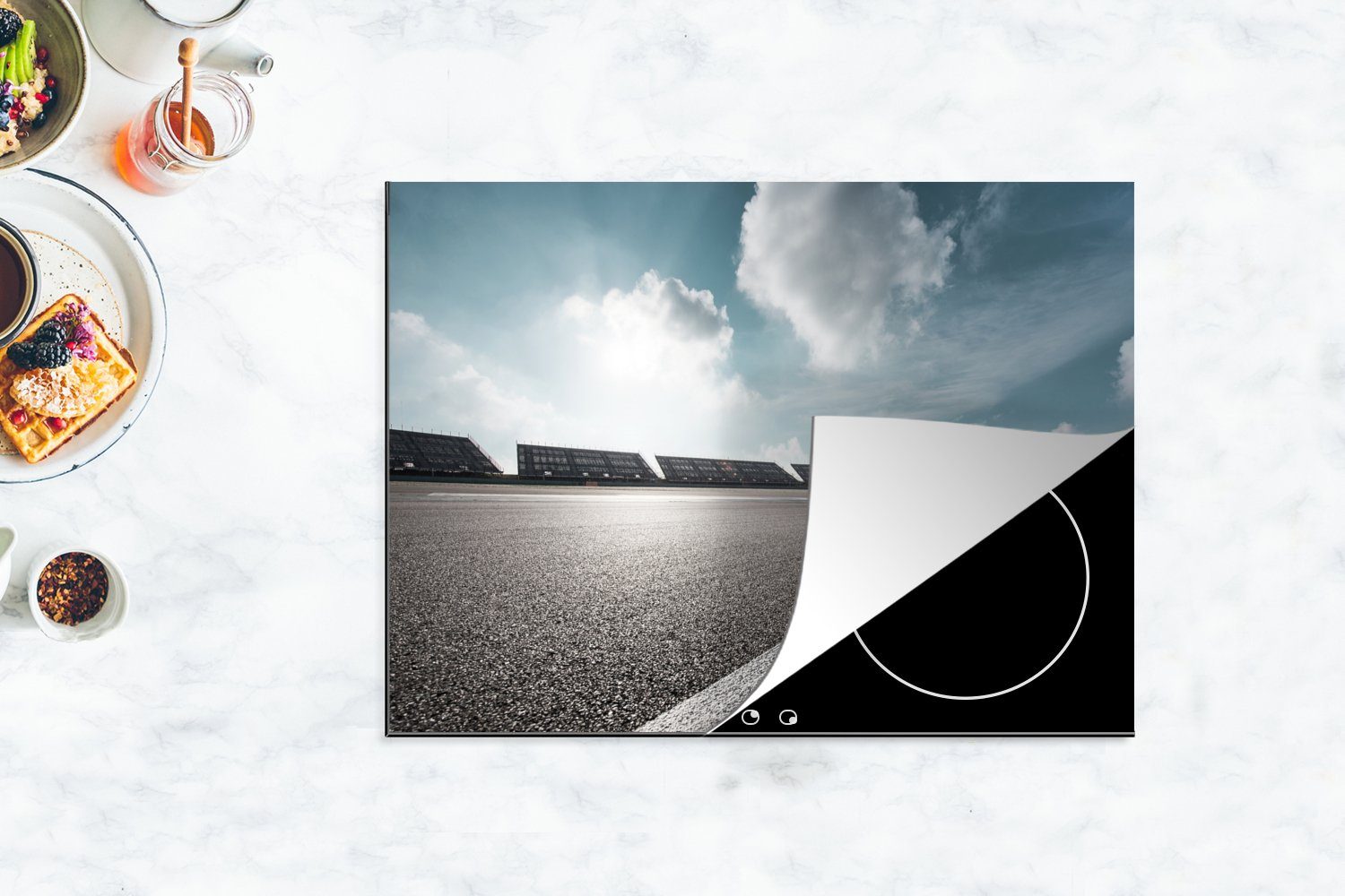 nutzbar, Mobile cm, im 70x52 (1 Ständen Herdblende-/Abdeckplatte MuchoWow tlg), Hintergrund, Arbeitsfläche Startbahn Vinyl, mit Ceranfeldabdeckung