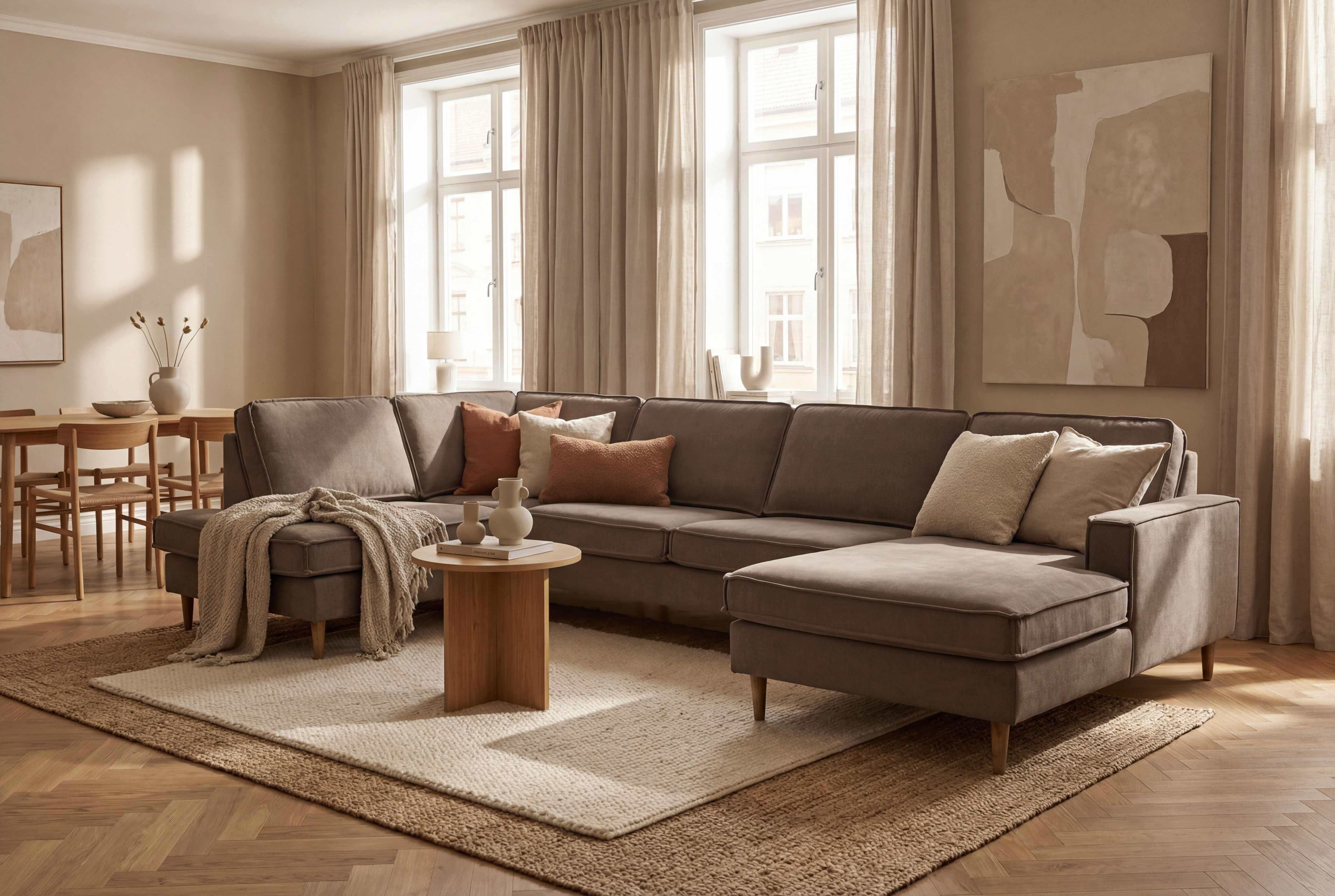 Home affaire Wohnlandschaft Pinto Skandi, 350 cm, U-Form, XXL, mit Ottomanen, mit Keder, Massivholzfüße Eiche geräuchert, Wellenunterfederung