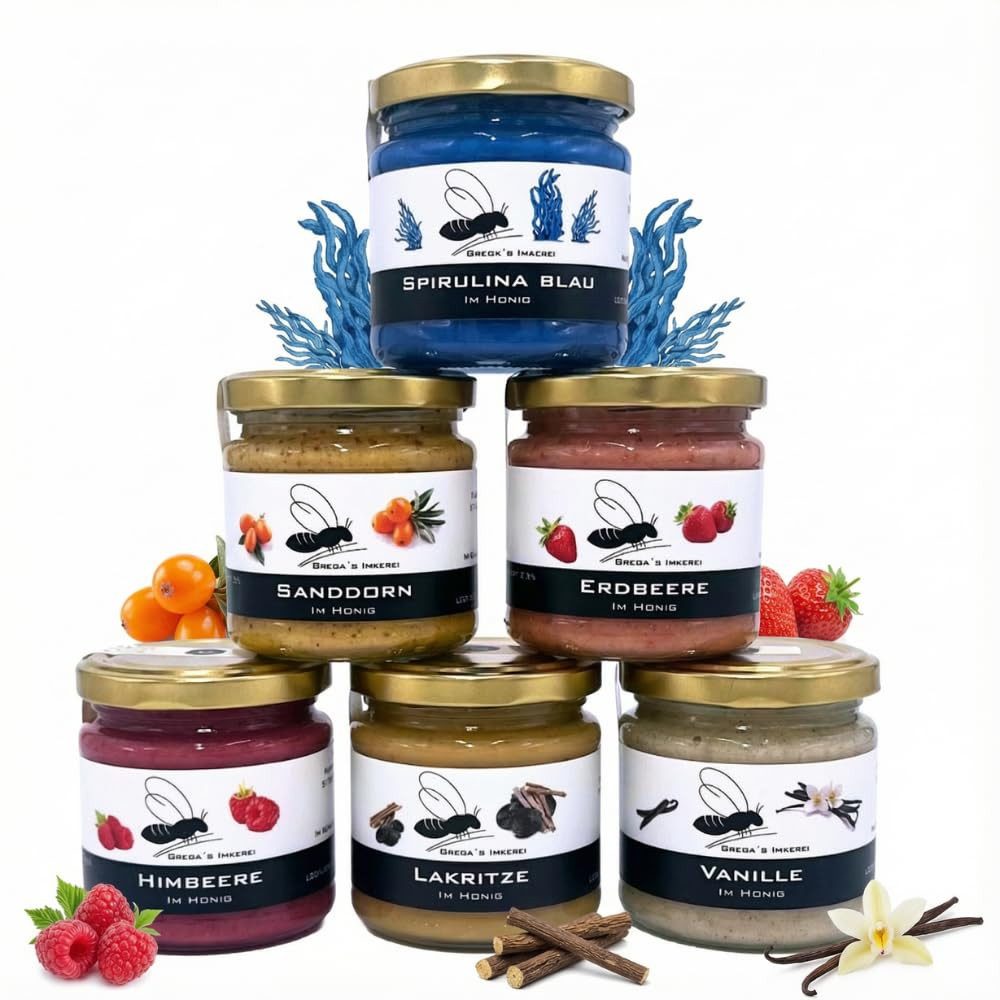 Grega´s Imkerei Honig 6er Box – Honigsüßer Brotaufstrich direkt vom Imker, 6 x 250 g, (perfektes Probier.- und Geschenkeset), 6 unterschiedliche Honigspezialitäten mit natürliche Zutaten