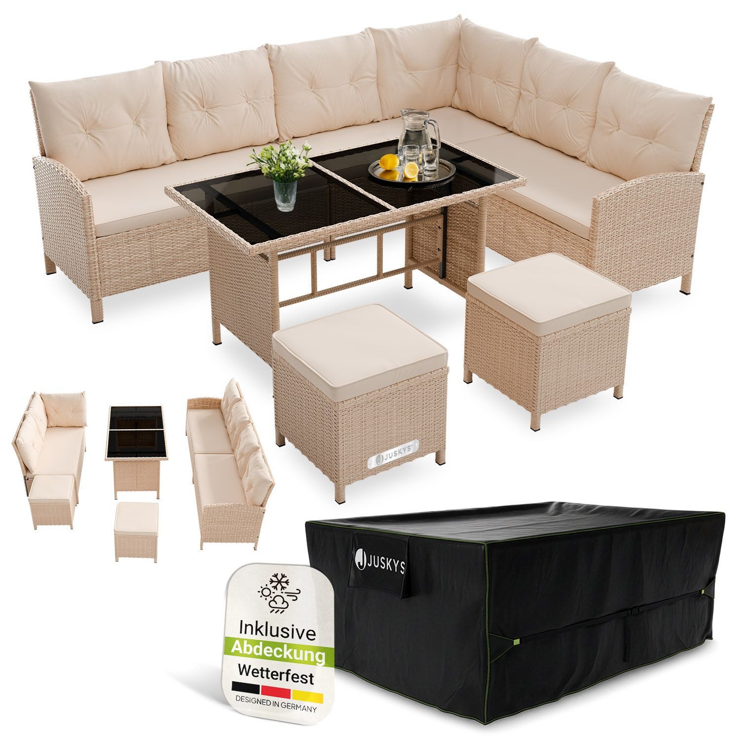 Juskys Gartenlounge-Set Manacor, (Gartenlounge), Polyrattan Gartenmöbel-Set mit Sofa, Tisch und Hocker inkl. Abdeckung