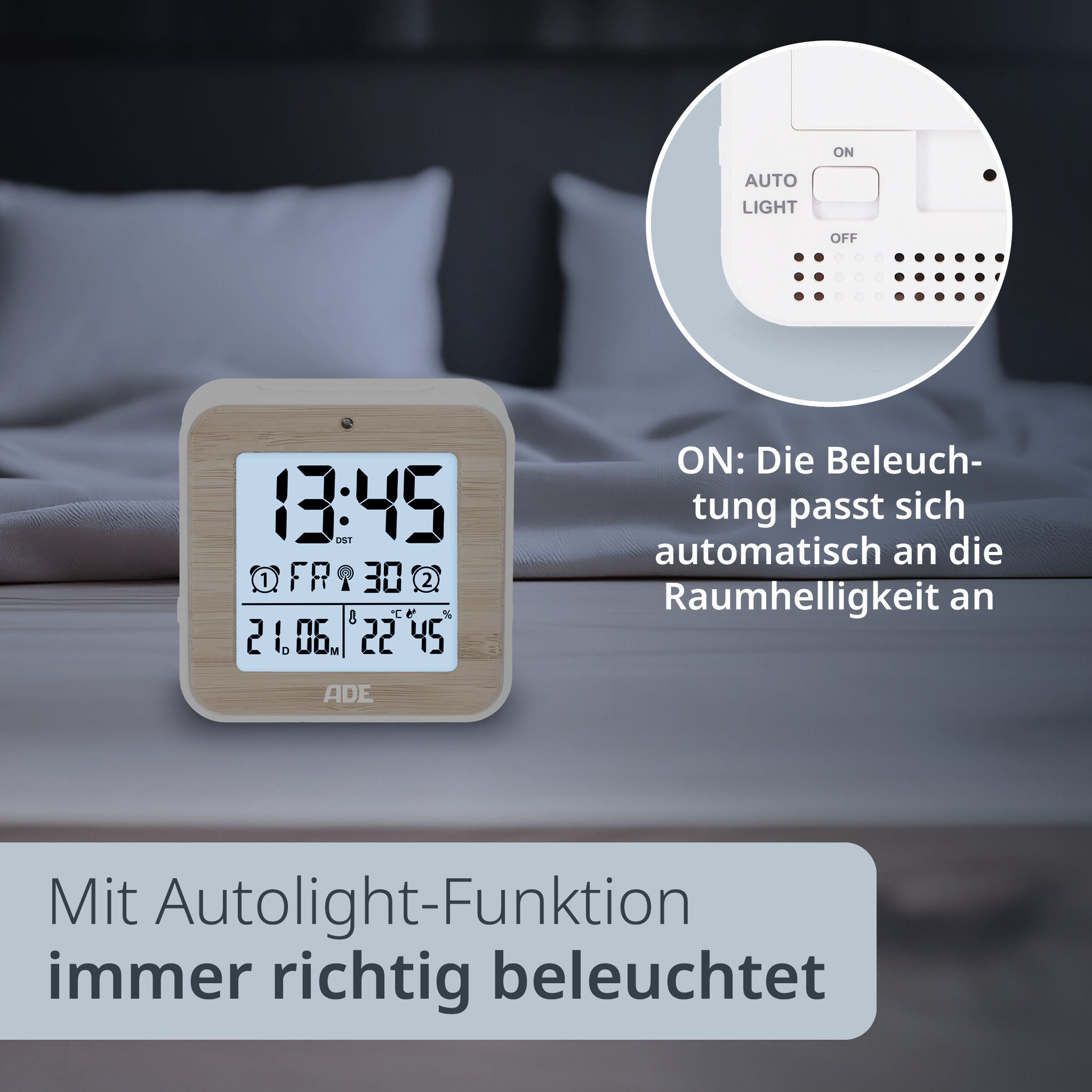 ADE Funkwecker Wecker digital funk mit Temperatur und Luftfeuchtigkeit automatischer Lichtsensor, 2 Weckzeiten, Schlummerfunktion