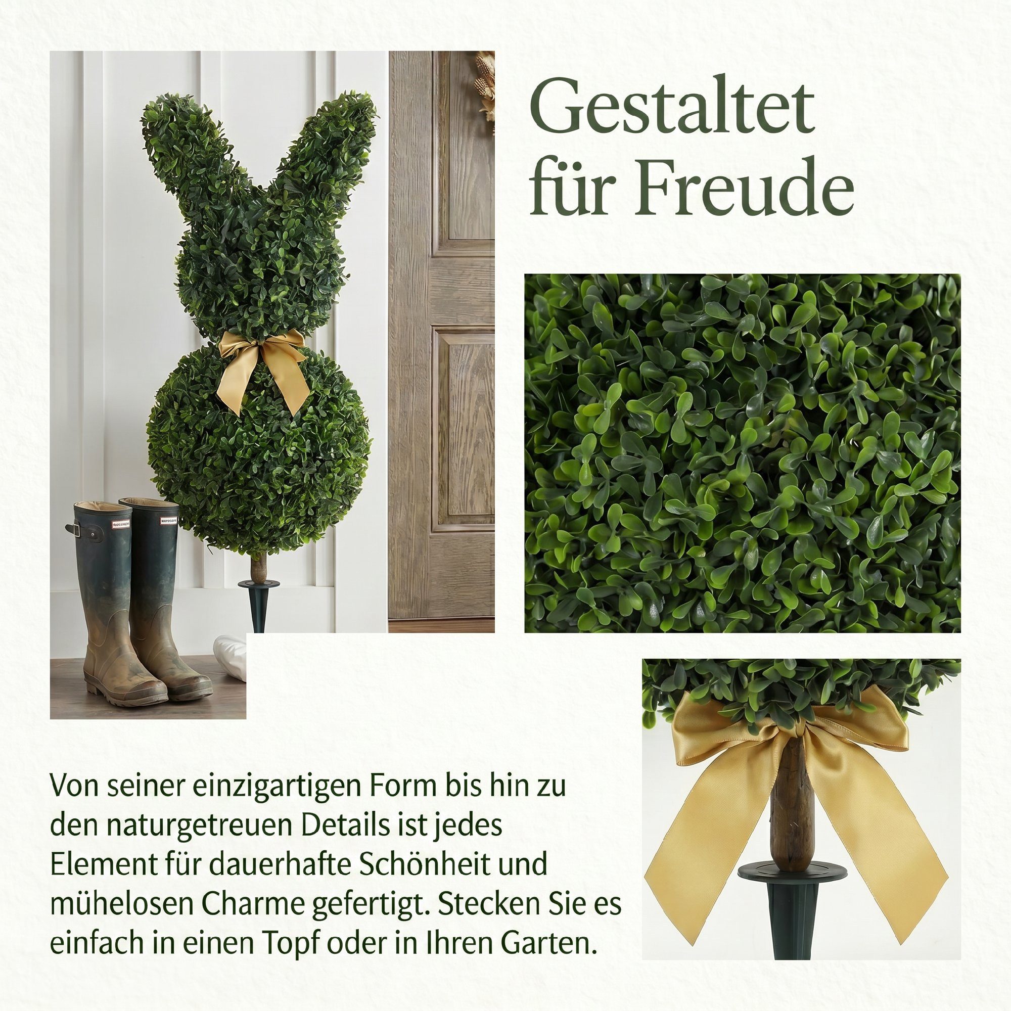 Kunstpflanze Künstliche Pflanze, Dekopflanze für Wohnzimmer, Deko, Garten Buchsbaum, HOMCOM, Höhe 83 cm, Kaninchenform, gelbe Schleife, Bodenpfahl – Bild 4 von 5