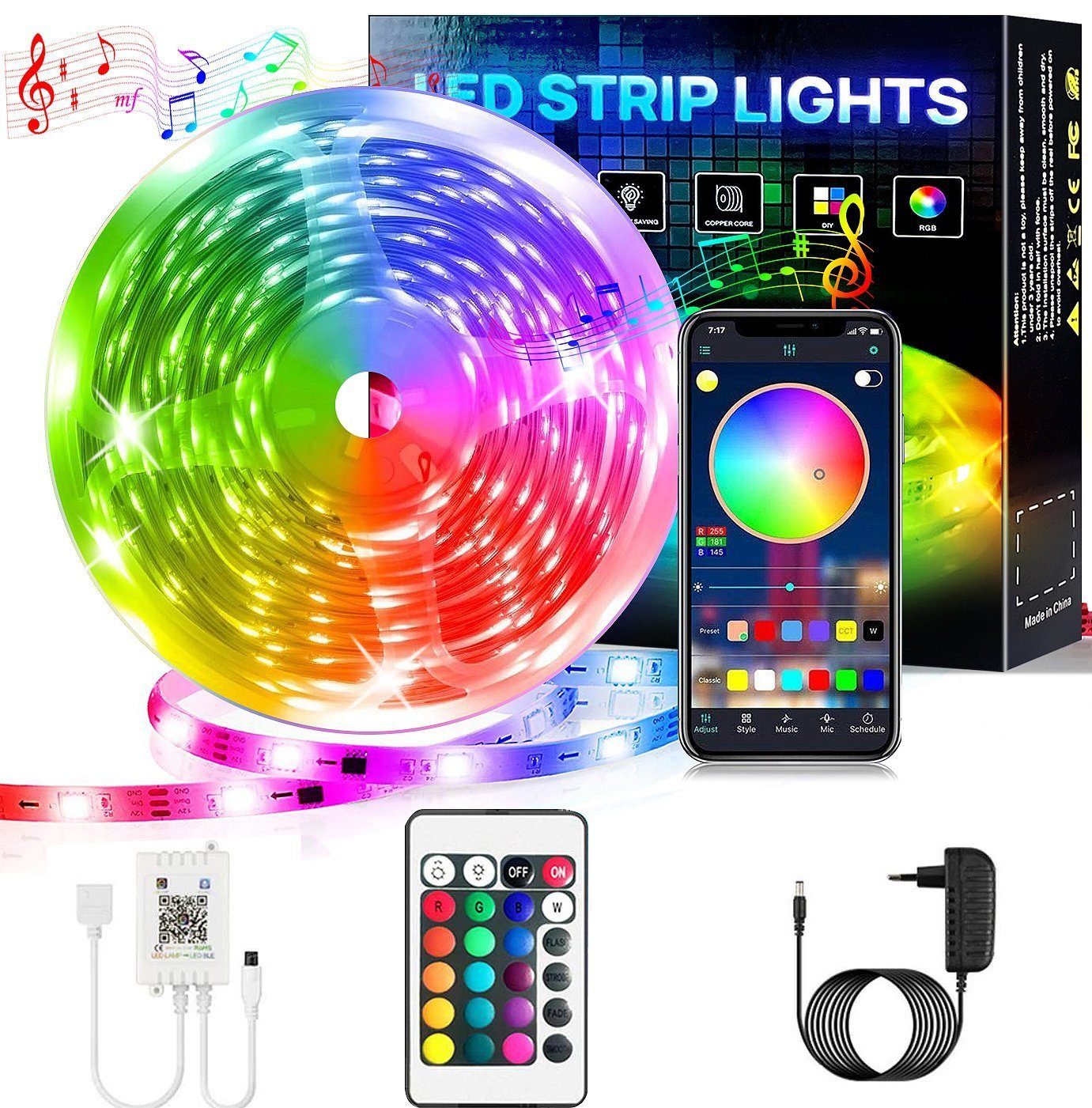 Oneid LED-Streifen LED Strip,Farbwechsel Lichterkette 5M/10M/15M/20M  Steuerbar via App, Dimmer, Farbwechsler