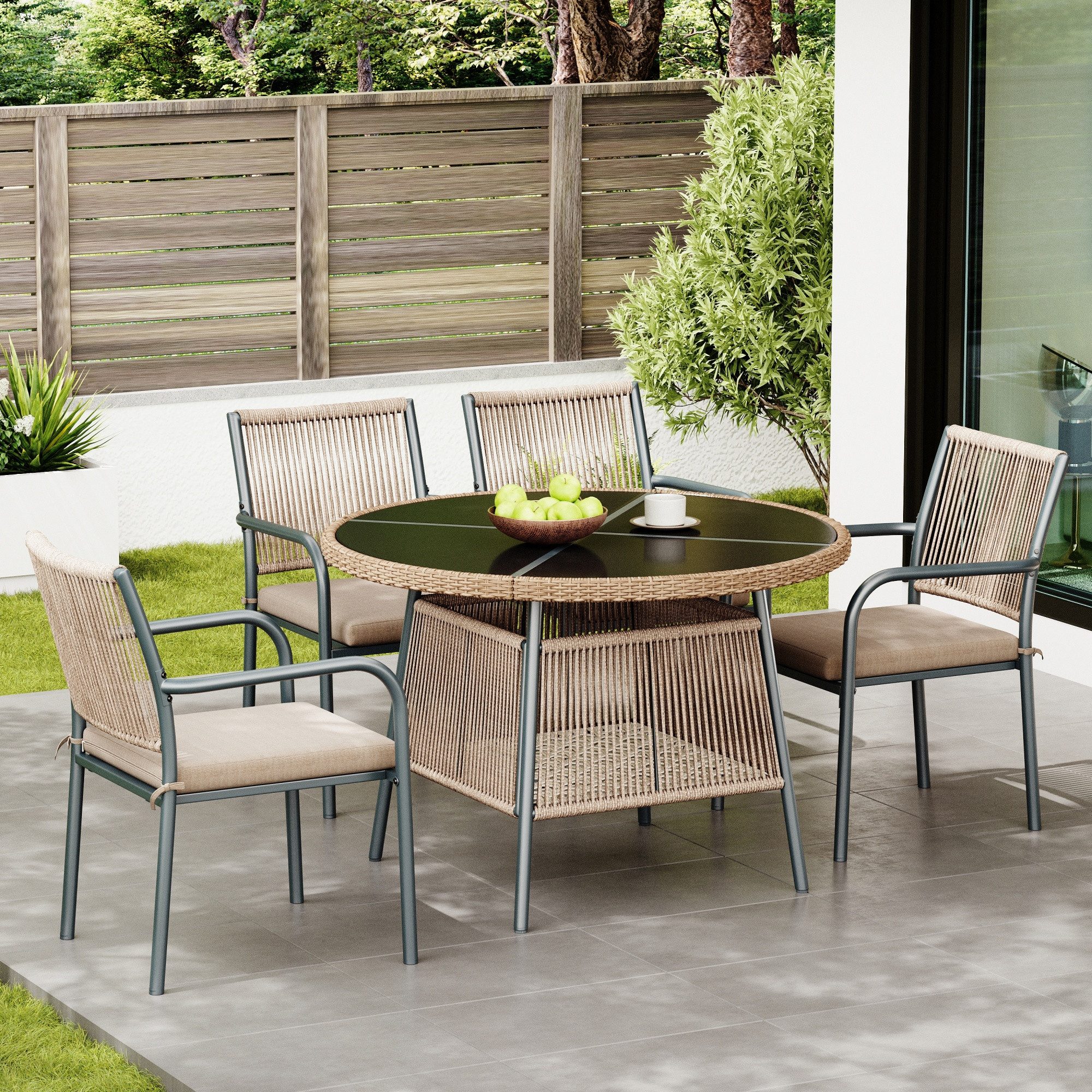 Odikalo Gartenlounge-Set Gartenmöbel-Set aus Rattan, Runder Glastisch + 4 Armlehnstühle, (Eisengestell, Geeignet für Terrasse/Balkon/Deck)