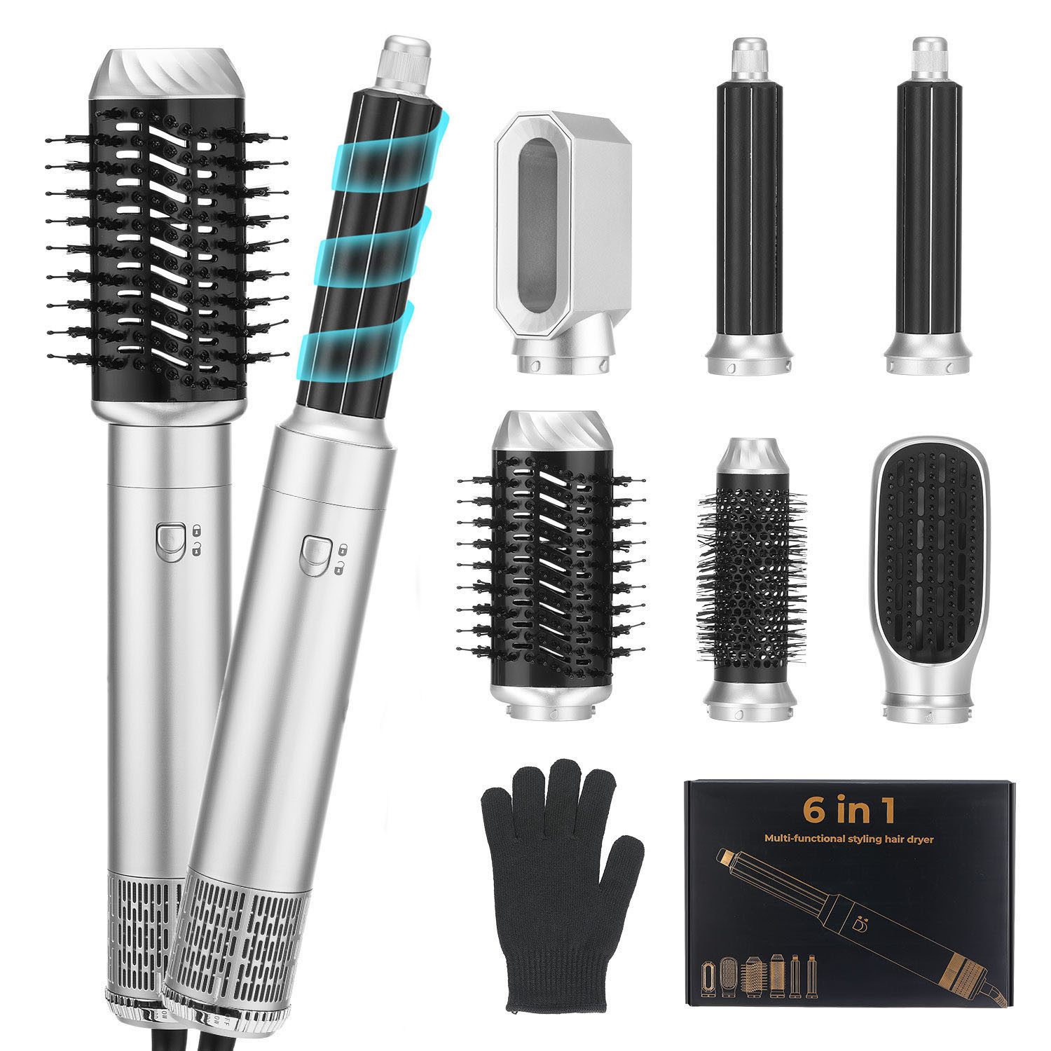 oyajia Multihaarstyler 6-in-1 Heißluftstyler mit Locken-, Glätt-, Föhn- & Volumenfunktion, 6-in-1 Stylingtool mit 3 Temperaturen, 3 Windstufen und Aufsätzen