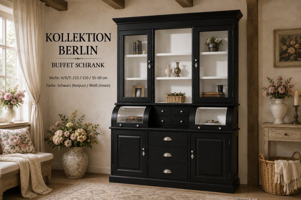 Wohnpalast Buffet Buffet Schrank Berlin 150 cm schwarz - weiß